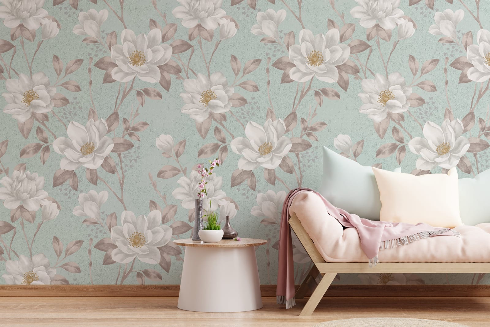Magnolia floral wallpaper in sage green creating elegant living room feature wall