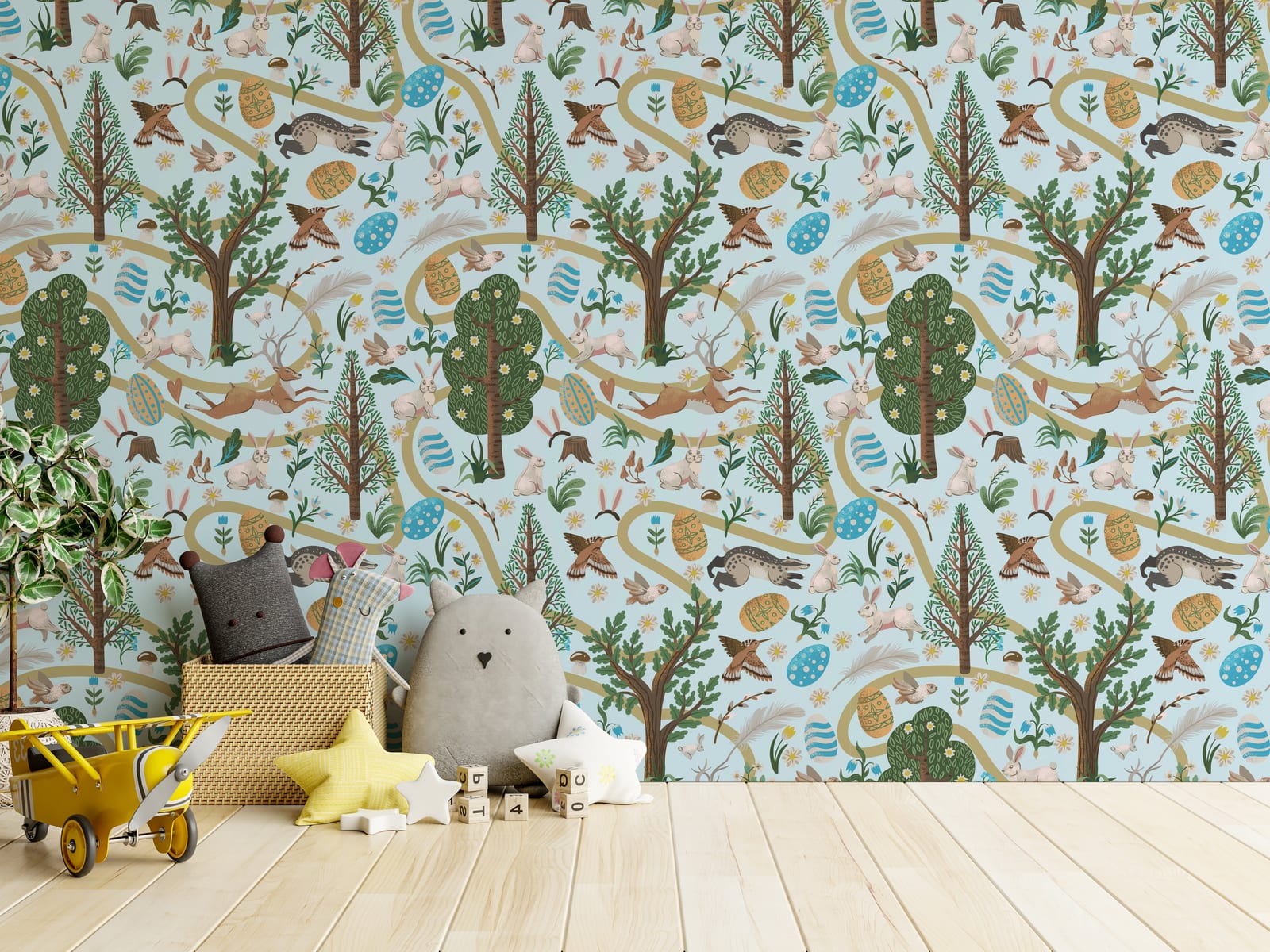 Forest animals with Easter eggs wall design, gentle colors for kids bedroom interior decor