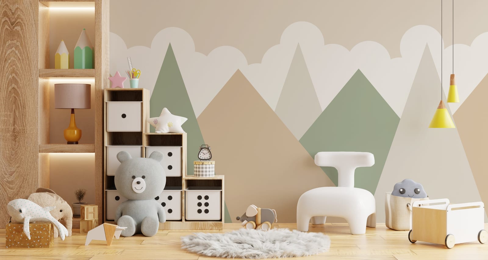 Cute kids playroom decorated with pastel Scandinavian peaks wallpaper adding fun adventure theme.