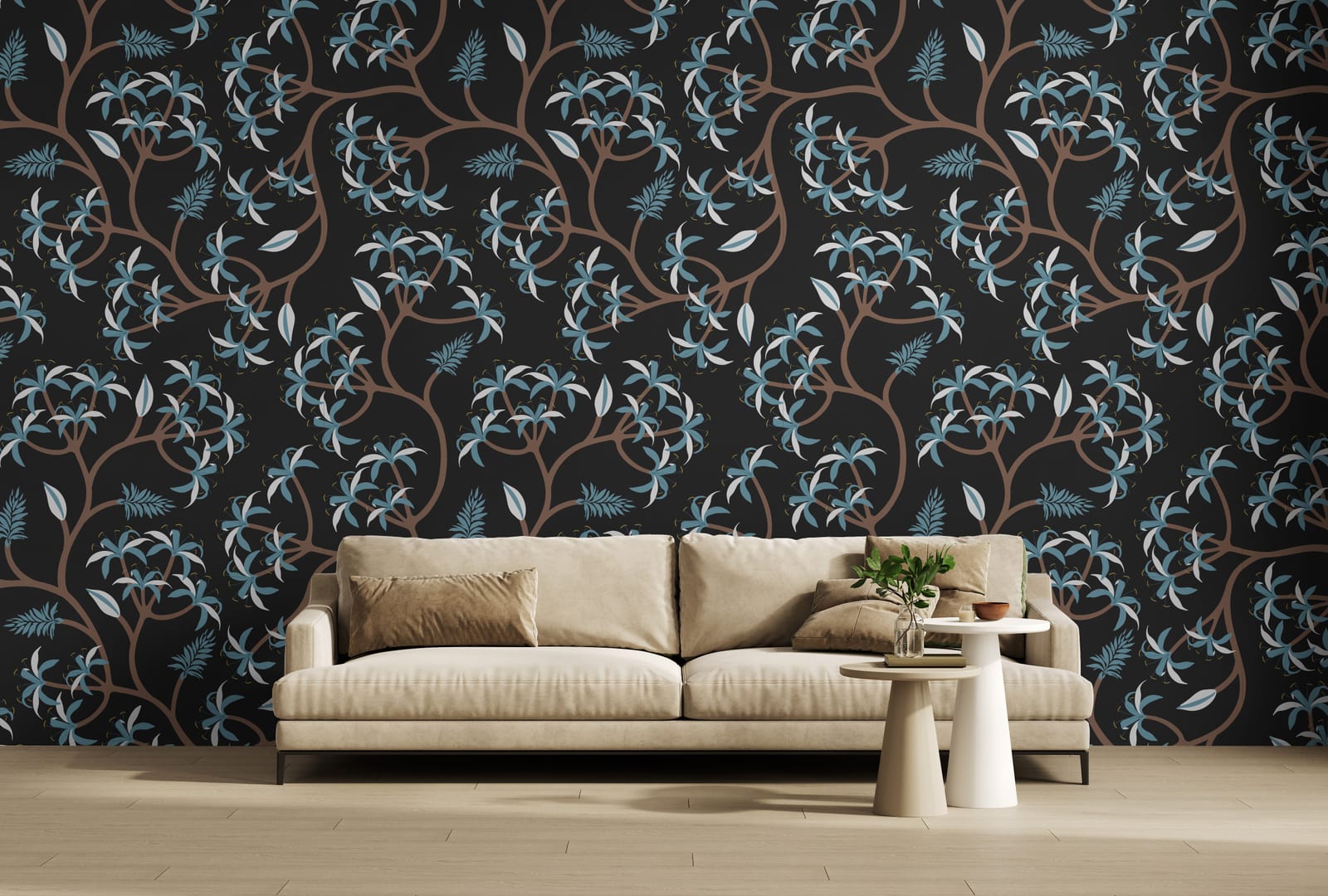 Sophisticated lounge area accent wall wallpaper with dark floral vines and subtle blue leaf accents