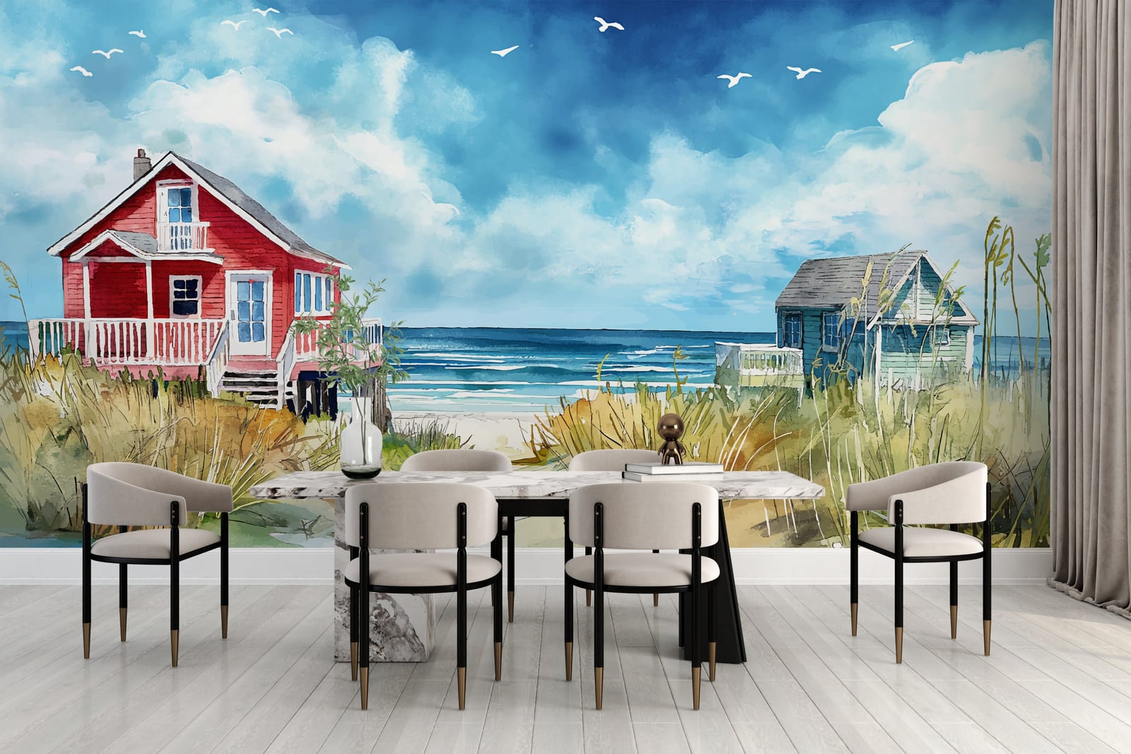 Soft coastal mural with beach houses and ocean view for cozy dining wall