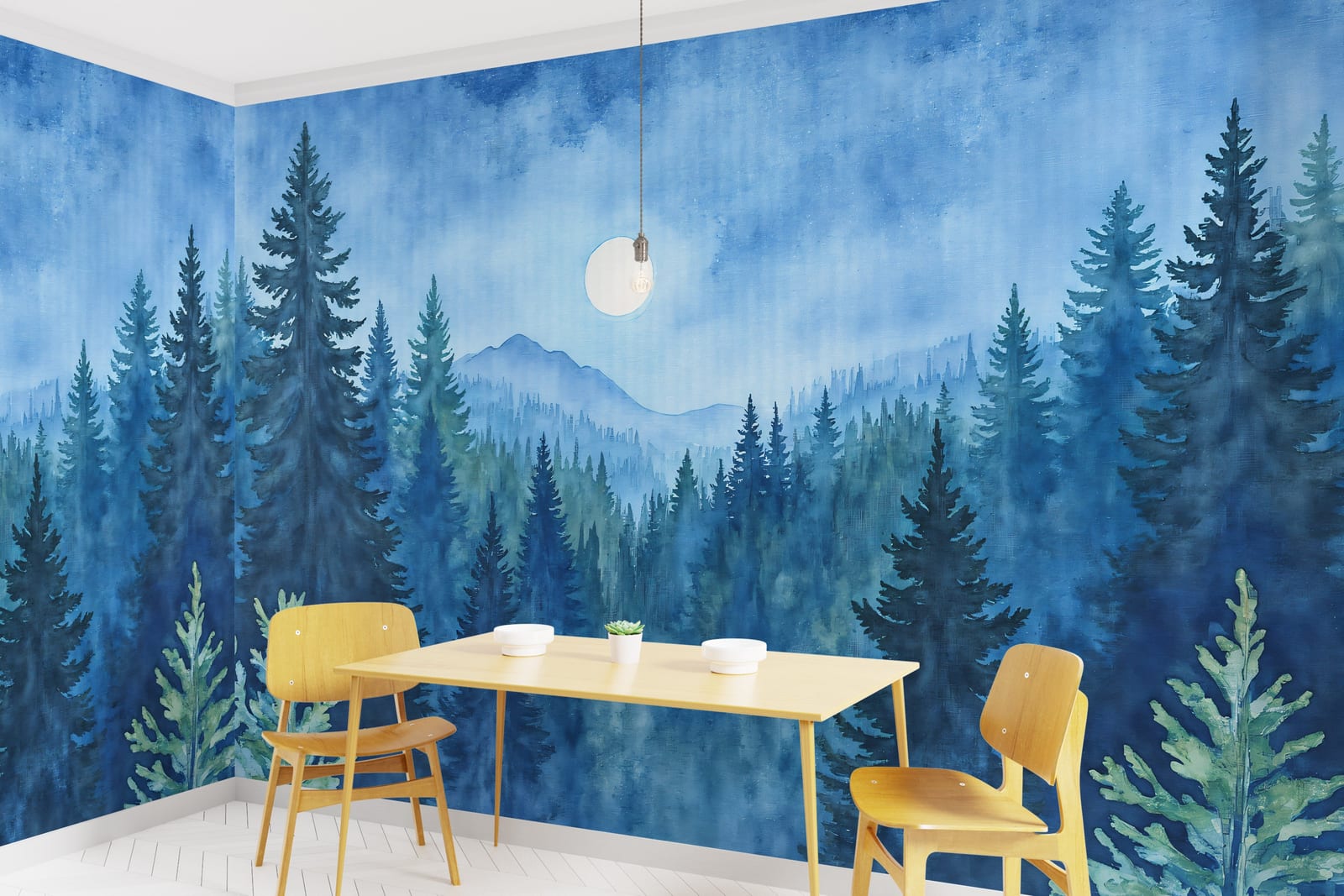 Sophisticated hallway wall design showcasing moody blue forest landscape, perfect for stylish entryway