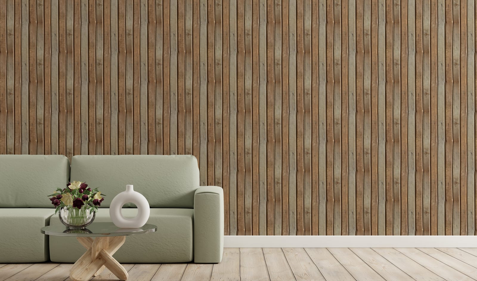 Modern wooden slat panel wallpaper mural with natural brown timber texture designed for stylish living room interior walls