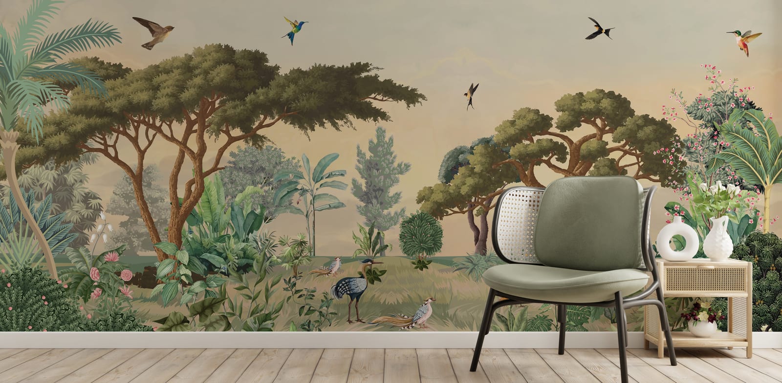 Luxury Tropical Wildlife Forest wall covering in rich jungle hues for sophisticated office