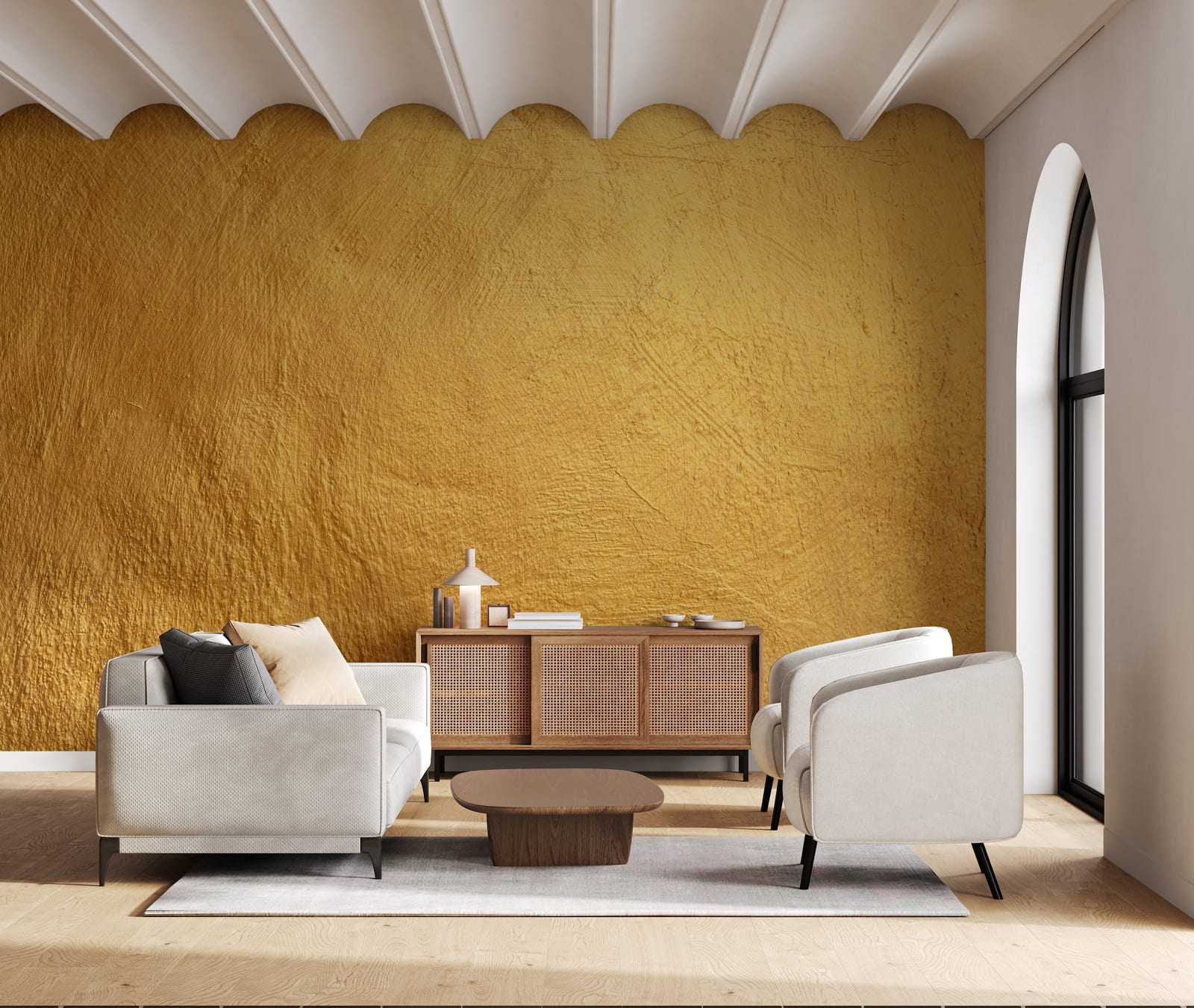 Bold gold textured wallpaper with rustic plaster finish for modern living room accent wall