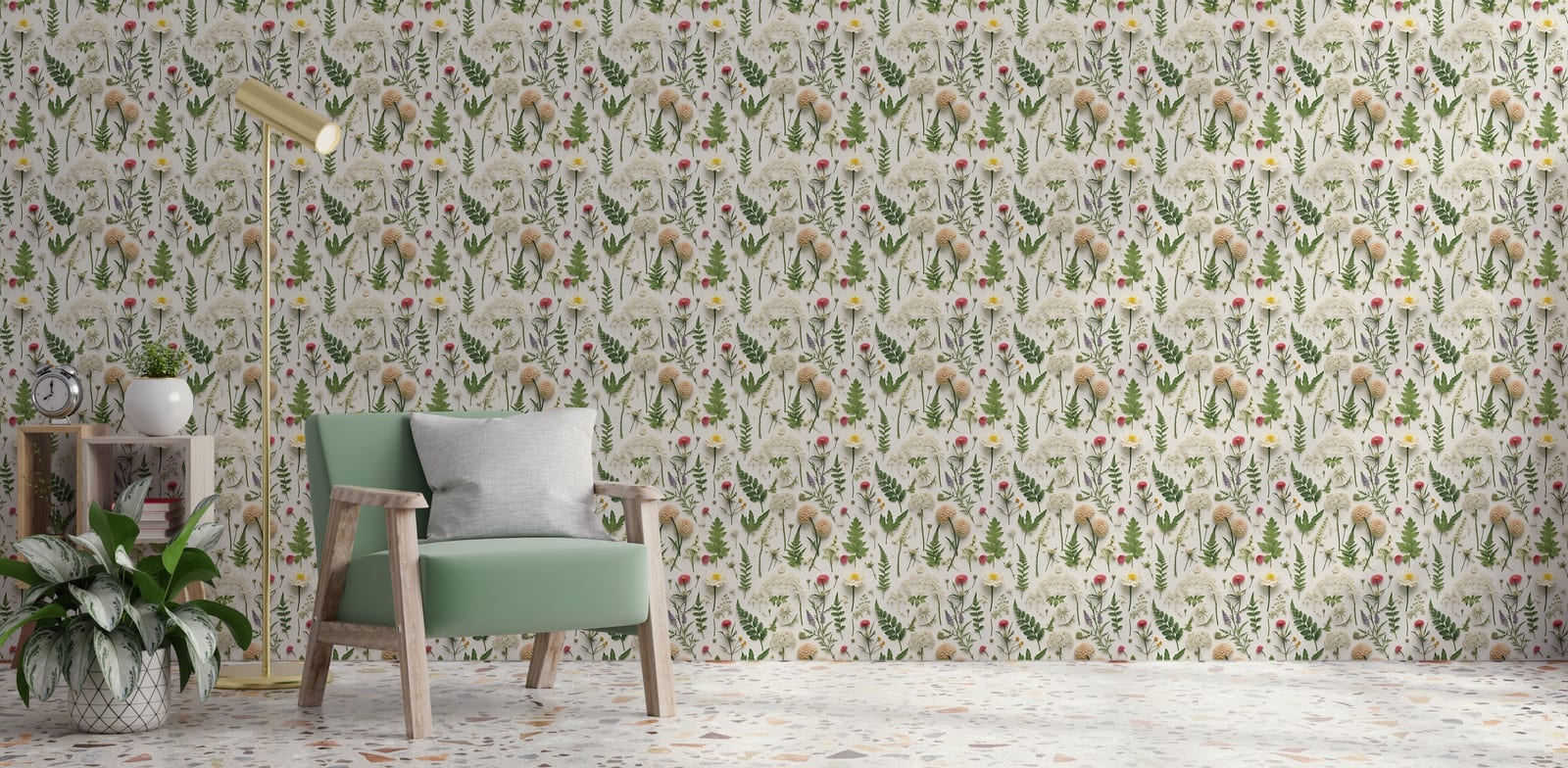 Floral mural design with soft greenery, warm tones, modern home office feature wall decor