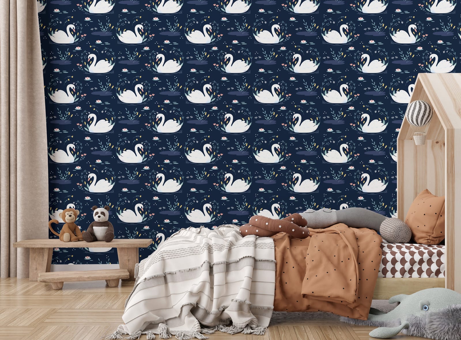 Vintage swan motif with deep navy florals for luxury children bedroom interior styling