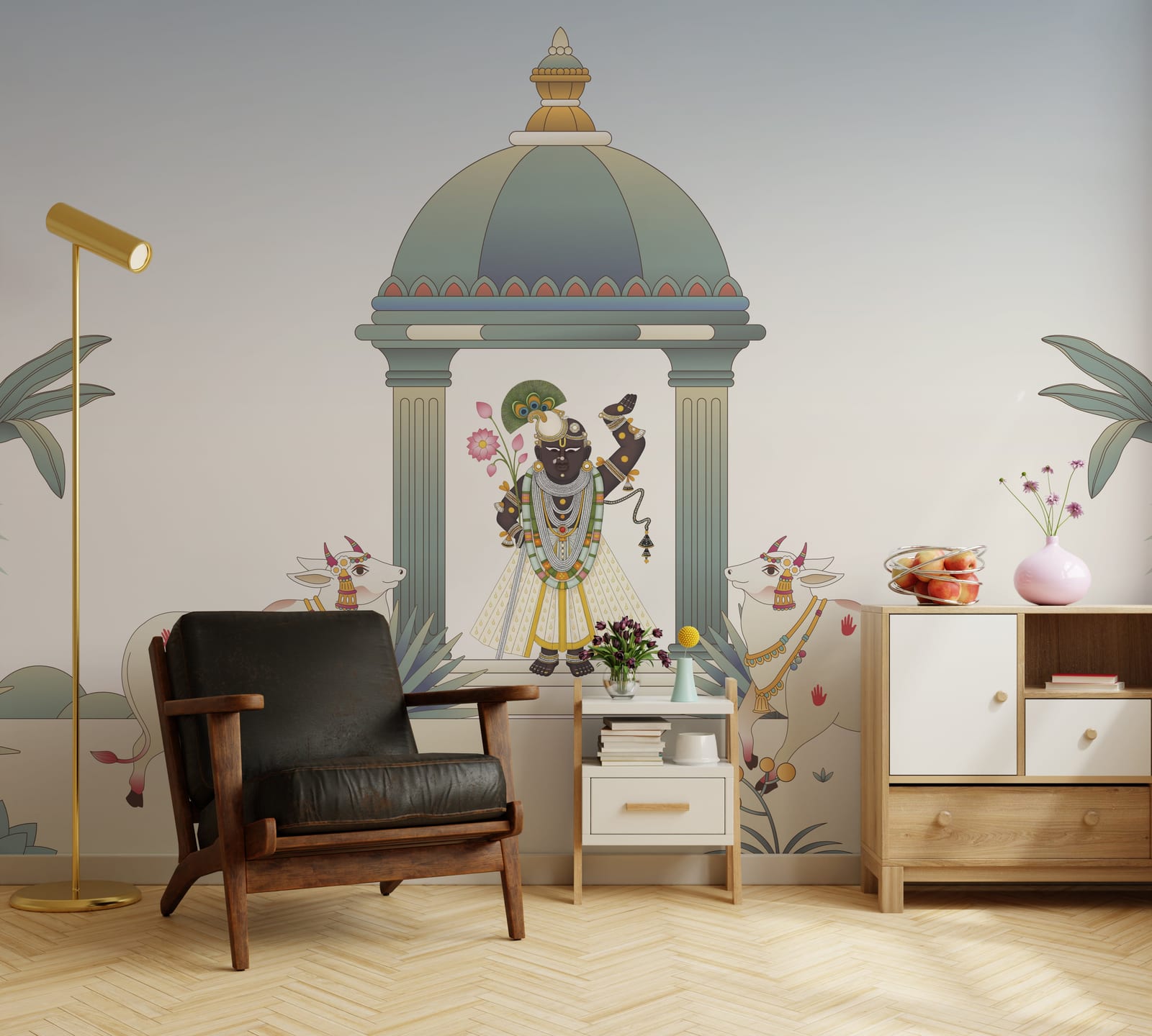 Krishna pastoral mural art with botanical elements, calm tones, premium office wall decor