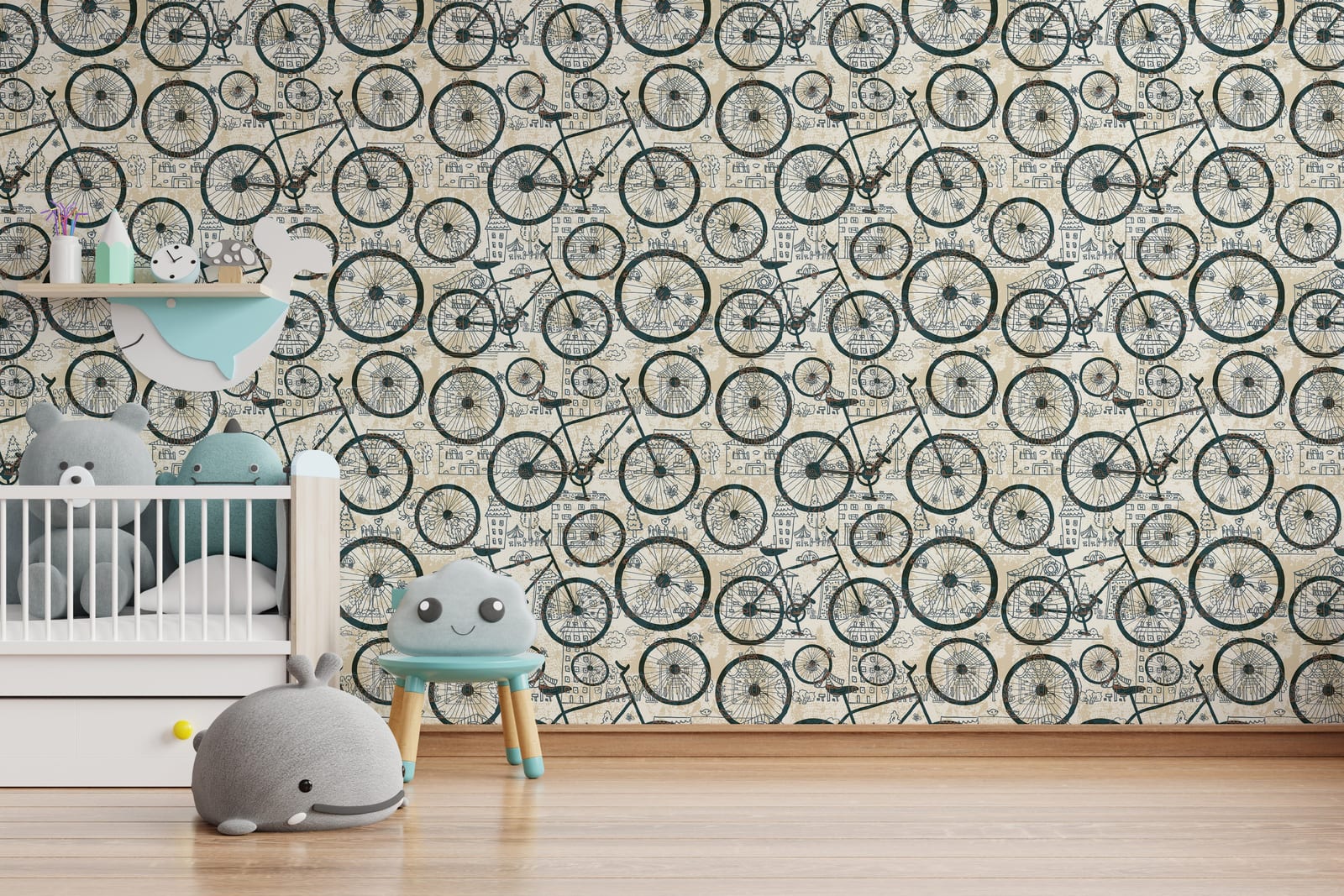 Decorative cycle wallpaper with vintage sketch pattern in soft neutrals for nursery interior design