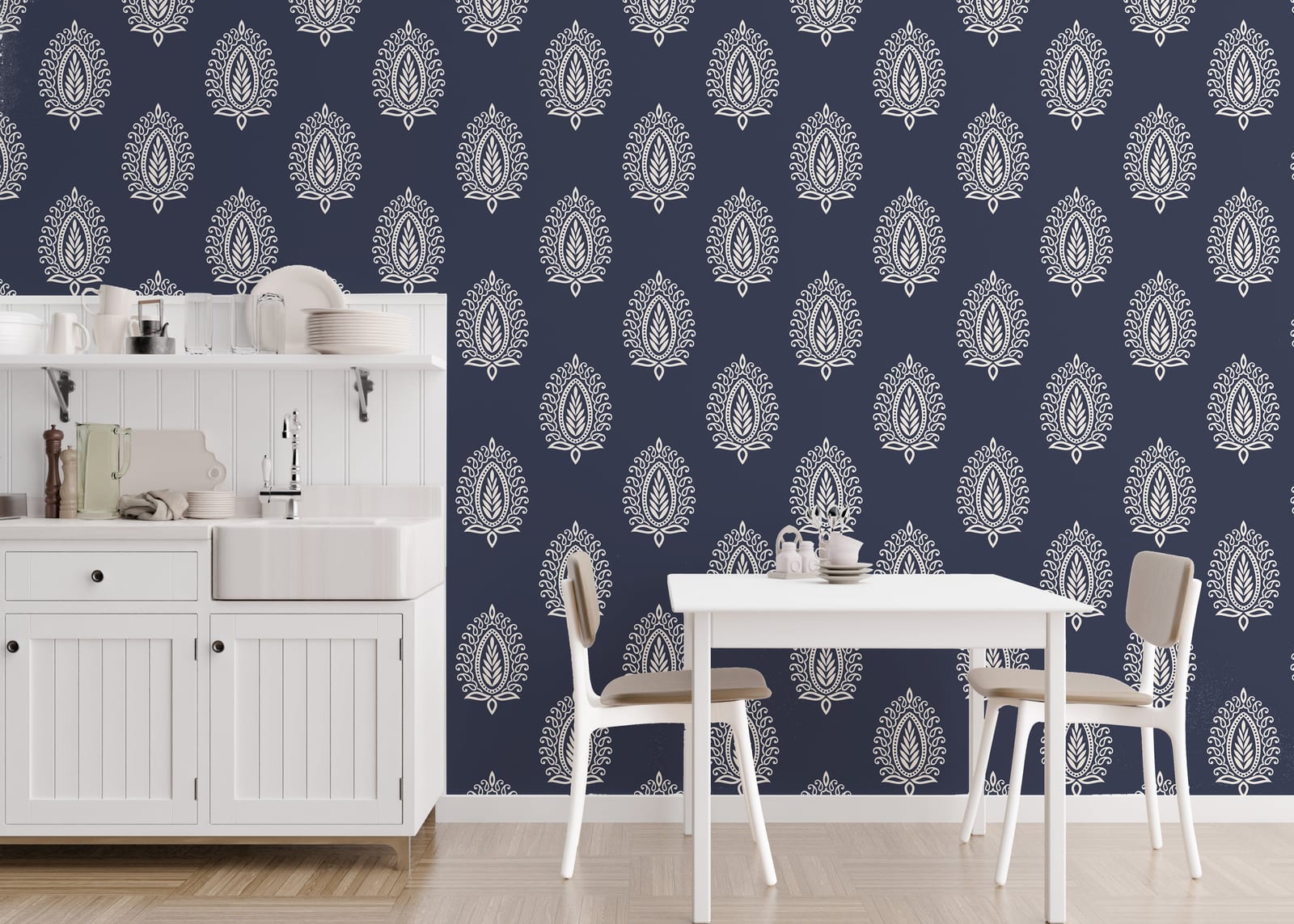 Decorative paisley wallpaper rich navy pattern adds luxury touch to dining room walls
