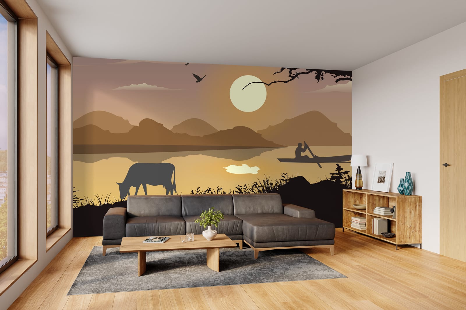 Dramatic sunset mural featuring tree silhouette, warm golden hues, statement bedroom wall decor