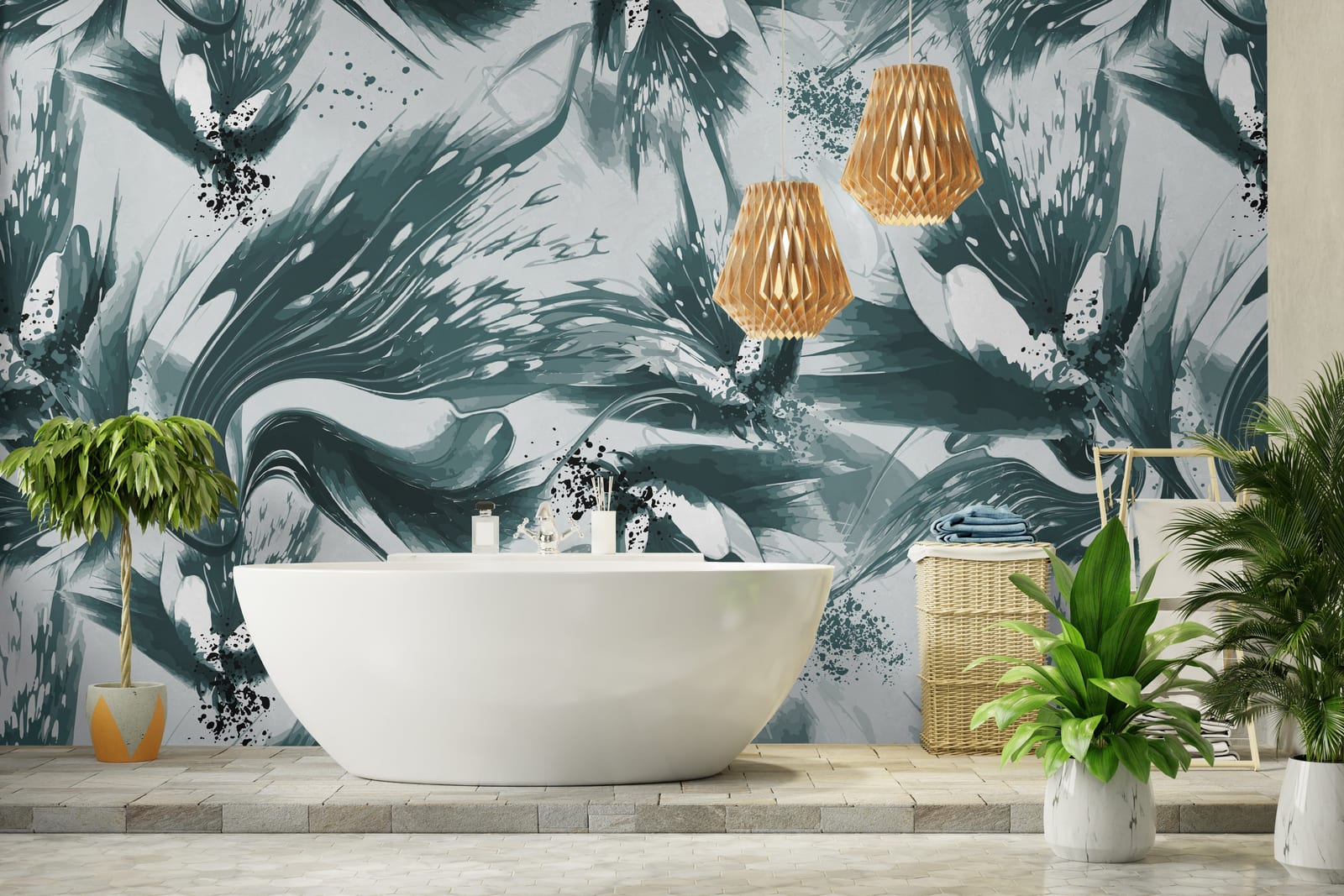 Modern botanical mural with ink splashes creating refreshing and stylish bathroom decor