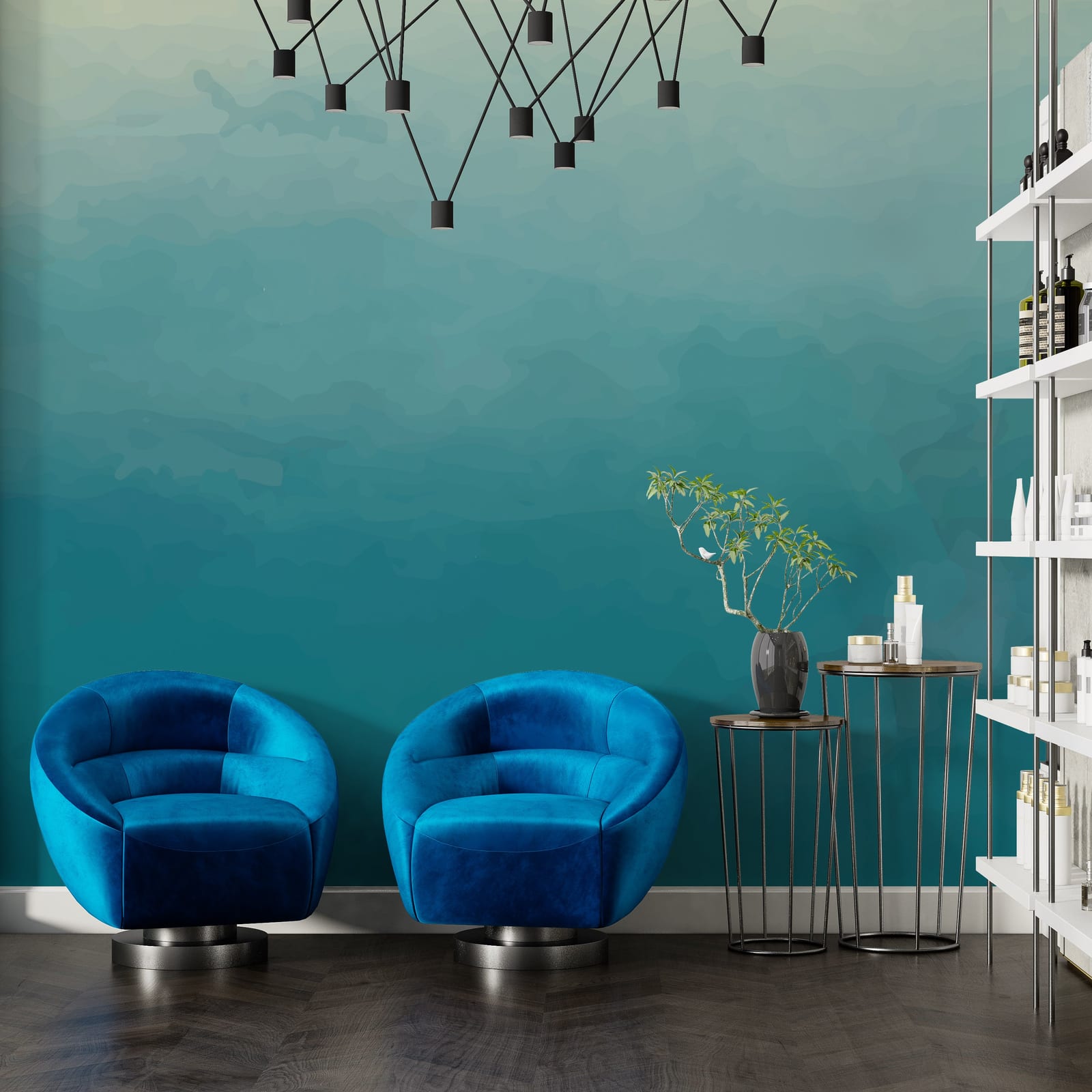 Relaxing sitting area enhanced by cool tone gradient creating balanced and serene environment