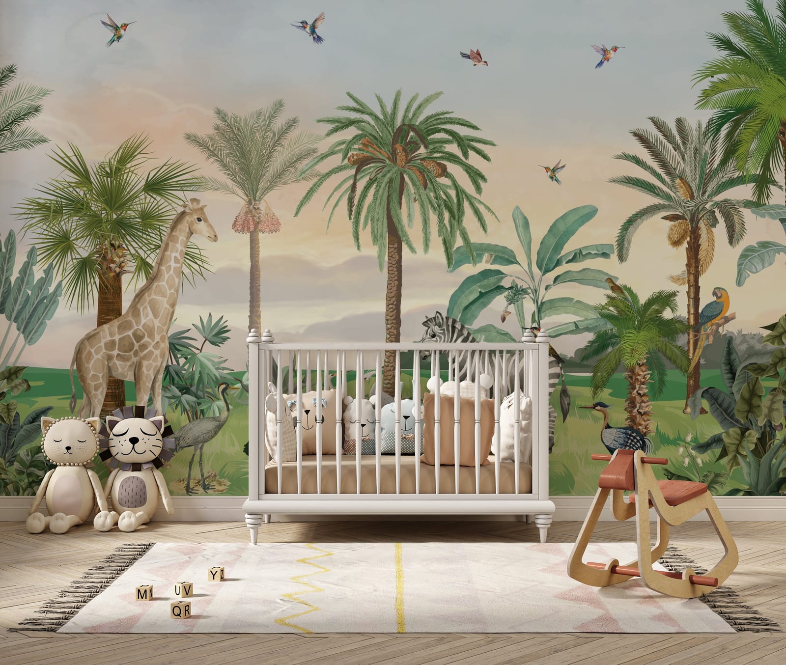 Wildlife jungle wallpaper with elephant, birds, green landscape for kids playroom