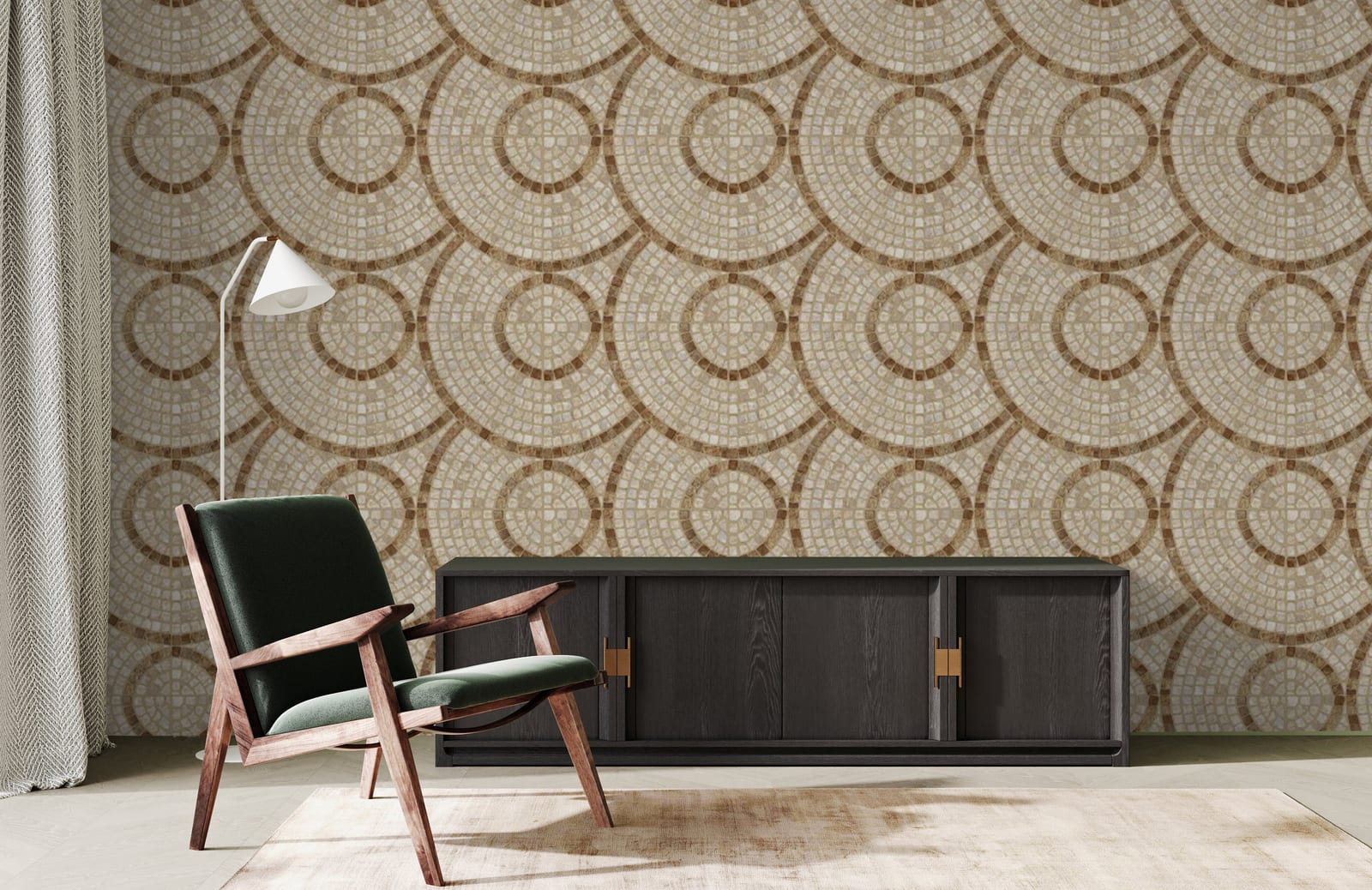Classic mosaic circle design wallpaper mural complementing elegant study room decor