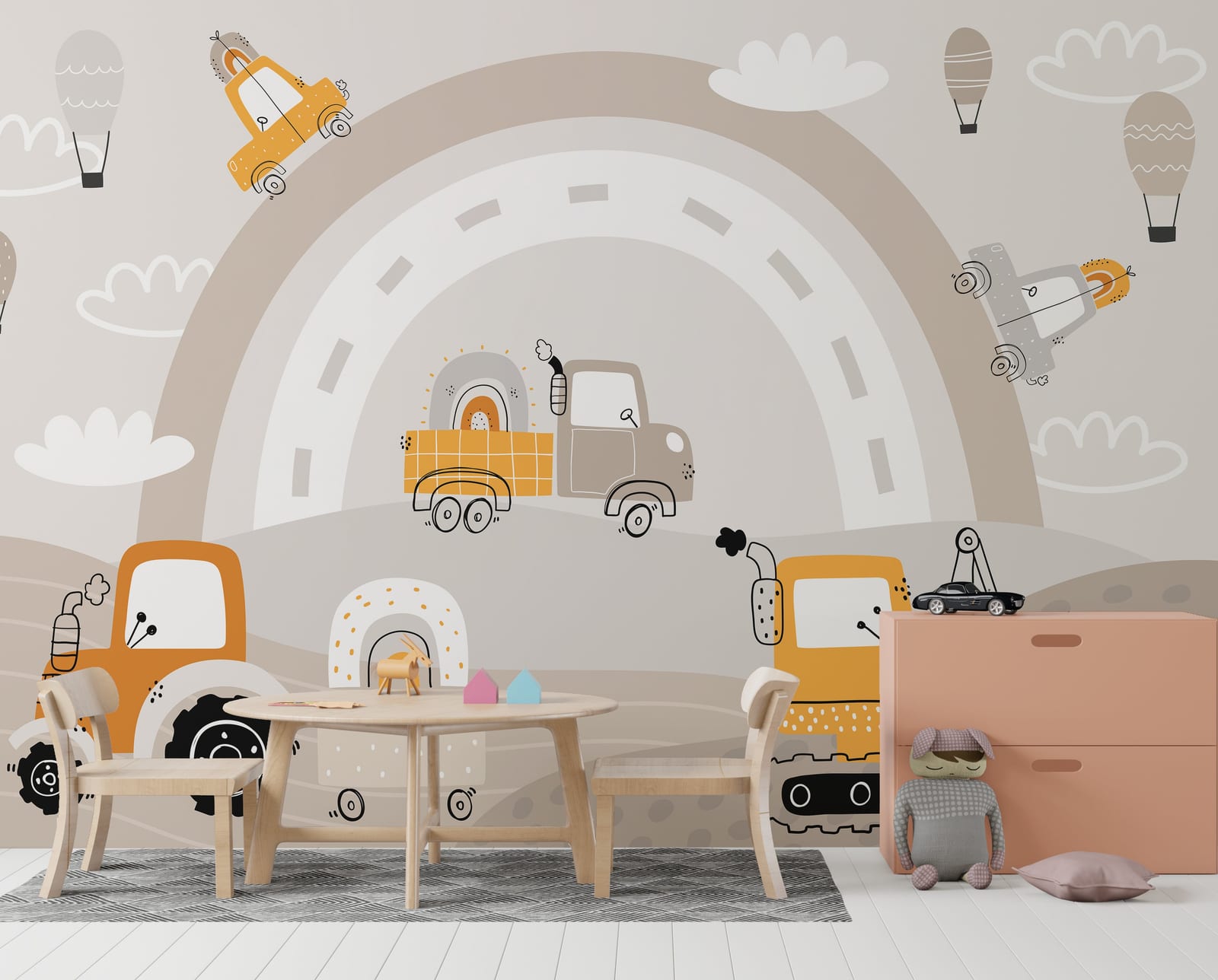 Nursery wall art with vehicles rainbow hills hot air balloons theme