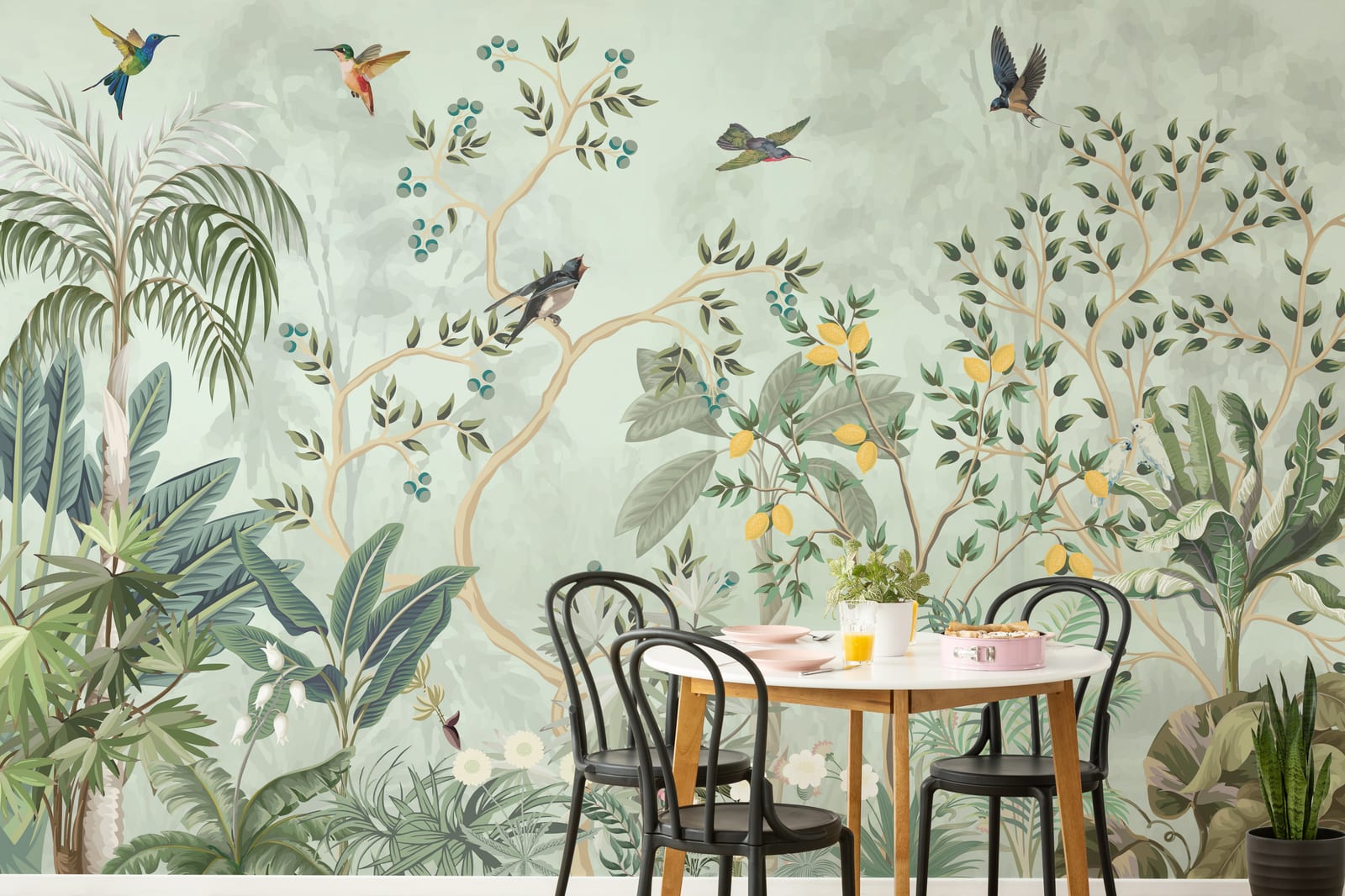 Elegant botanical wall mural featuring colorful birds for dining room styling