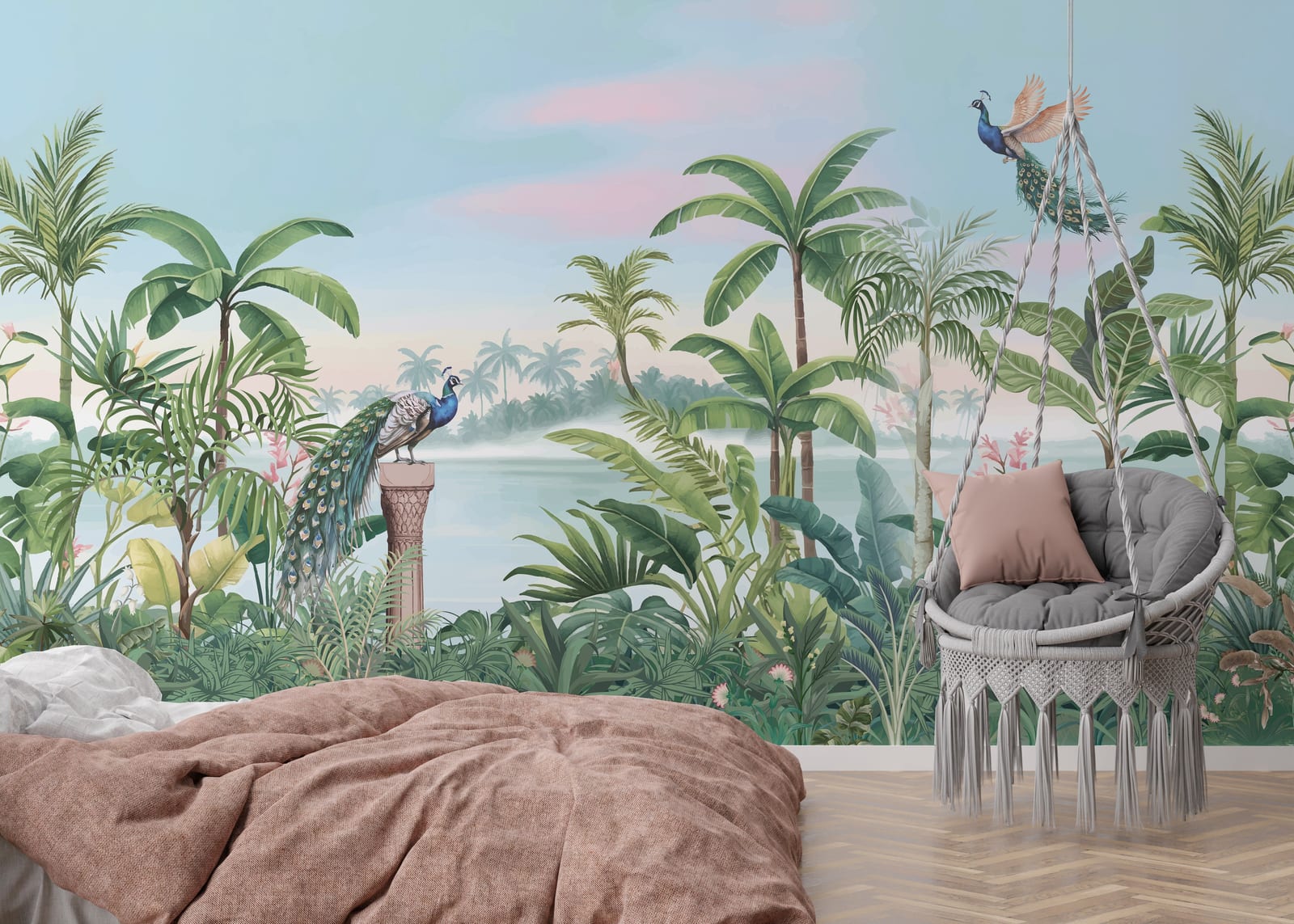 Botanical jungle scene wall covering with peacock birds palm trees for bedroom