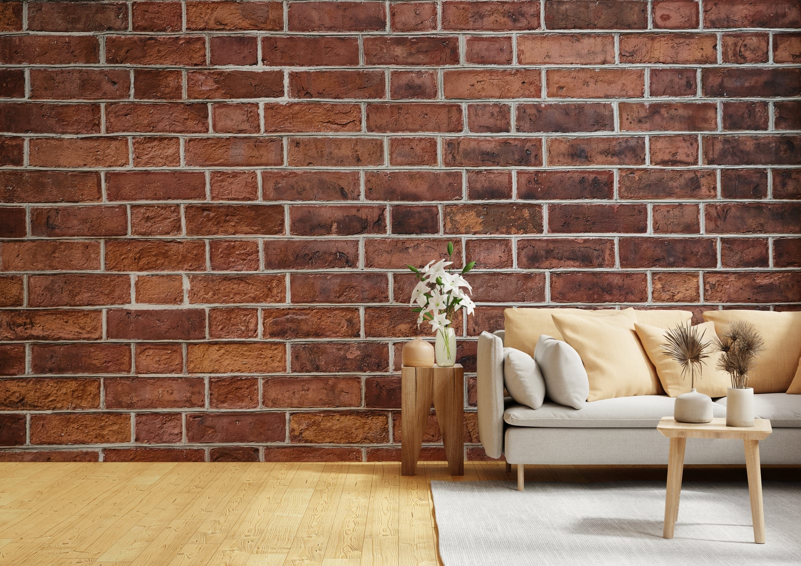 Contemporary peel and stick red brick mural adding bold industrial charm and architectural texture to modern living spaces.