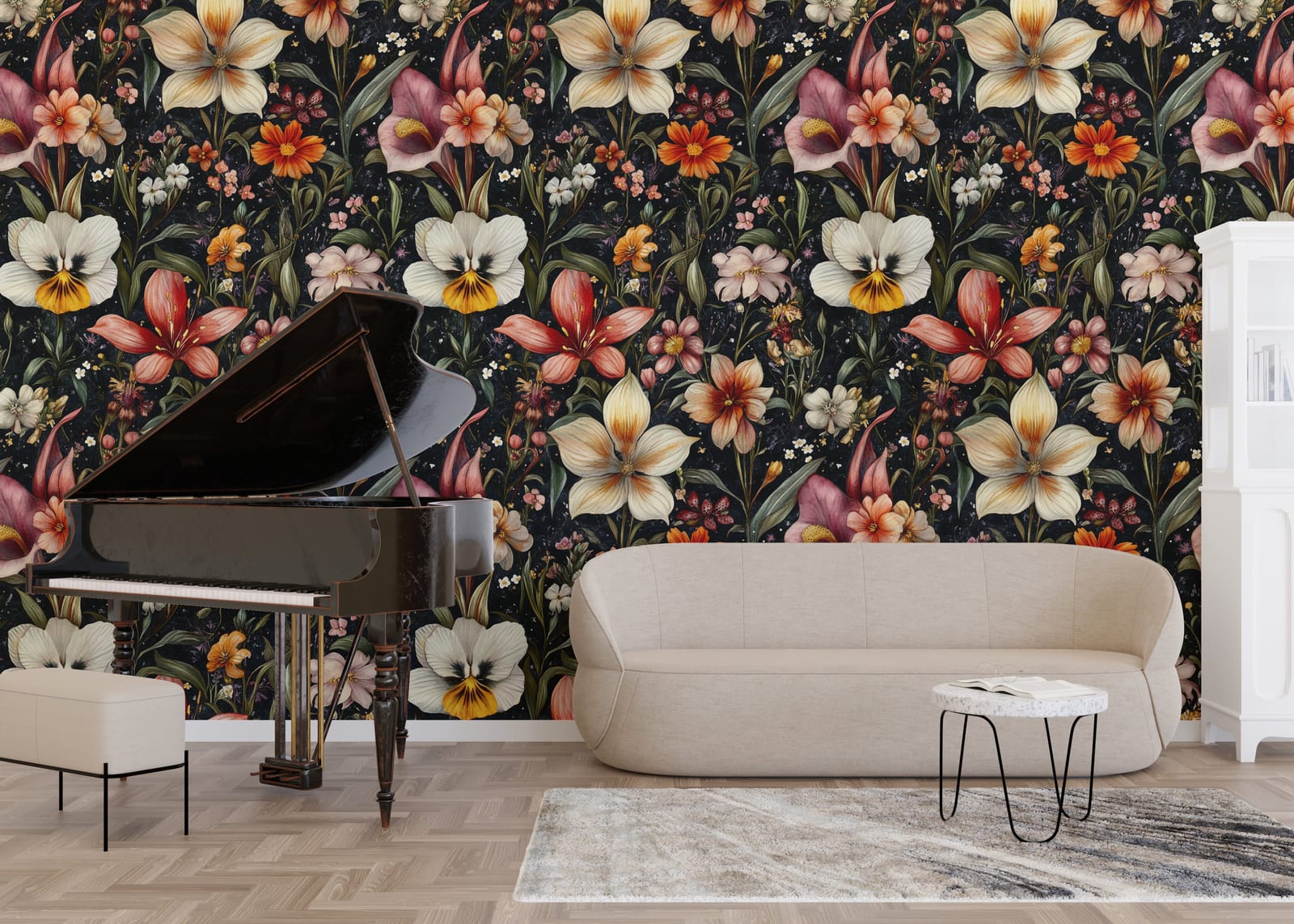 Bold botanical wallpaper with colorful floral design perfect for stylish studio interiors