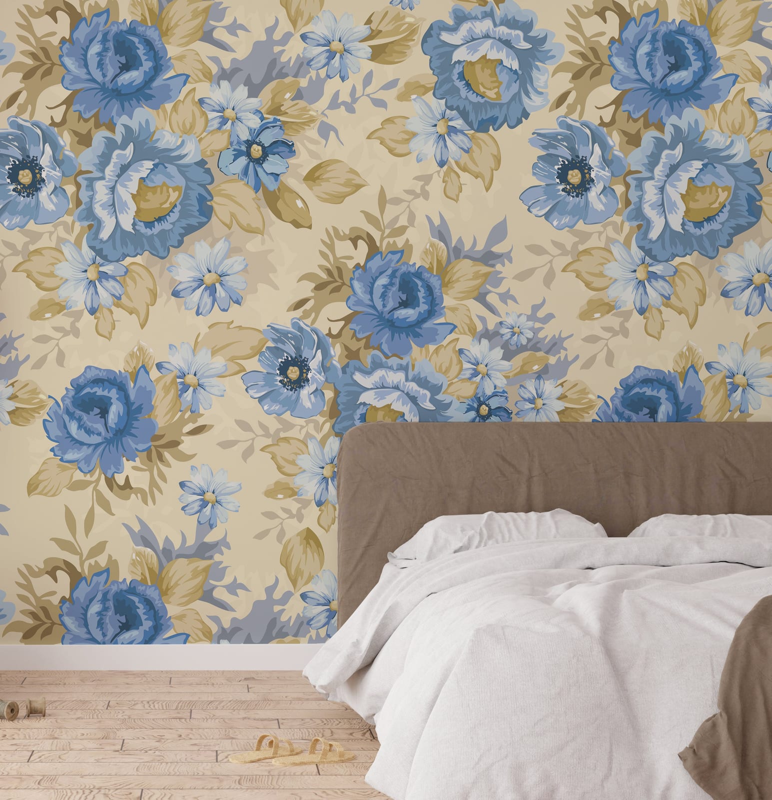 Elegant blue blossom wallpaper featuring soft beige background for modern bedroom accent wall