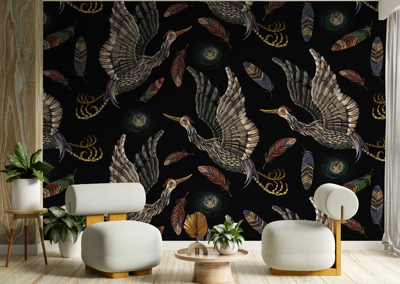 Premium bird pattern wallpaper with cranes and feathers, dark aesthetic office wall decor upgrade