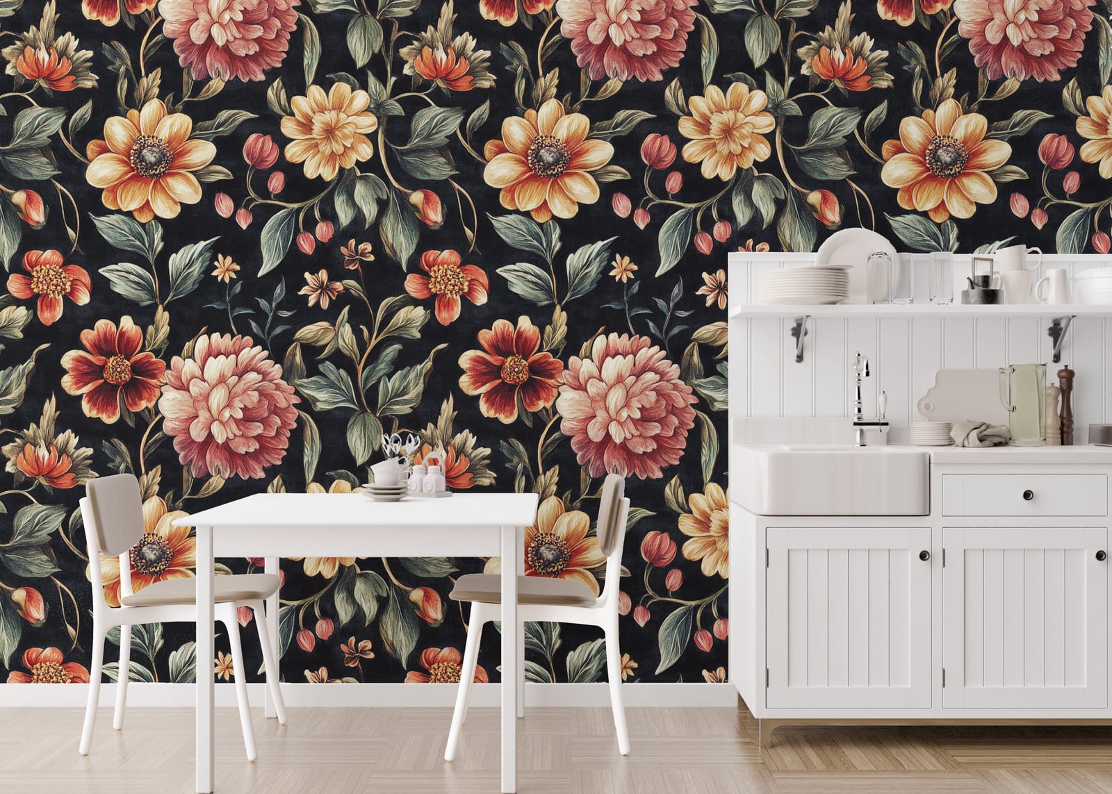 Dark floral wallpaper with warm tones elevating luxury kitchen wall design