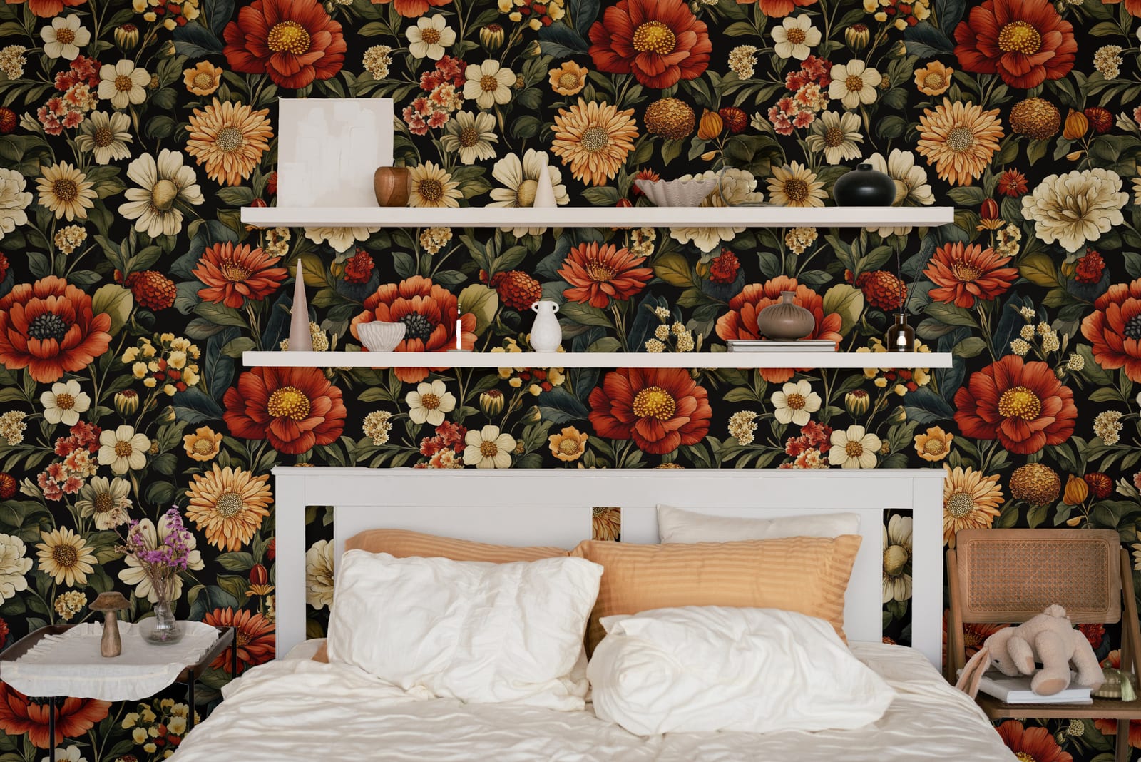 Vintage botanical mural featuring red cream flowers on black background for bedroom decor