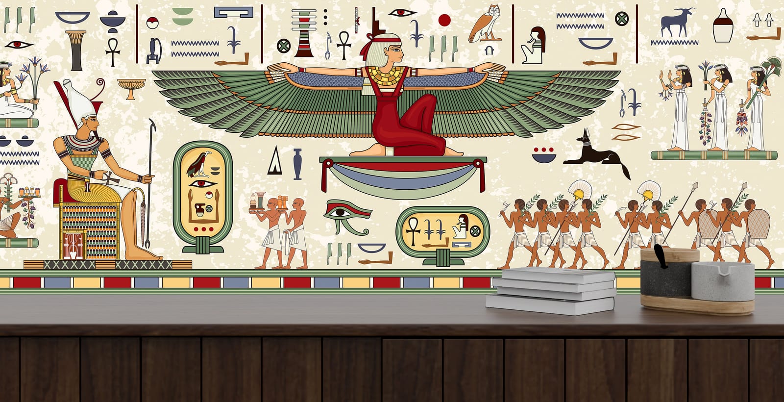 Egyptian themed accent wall showcasing winged deity and traditional symbols, perfect study room