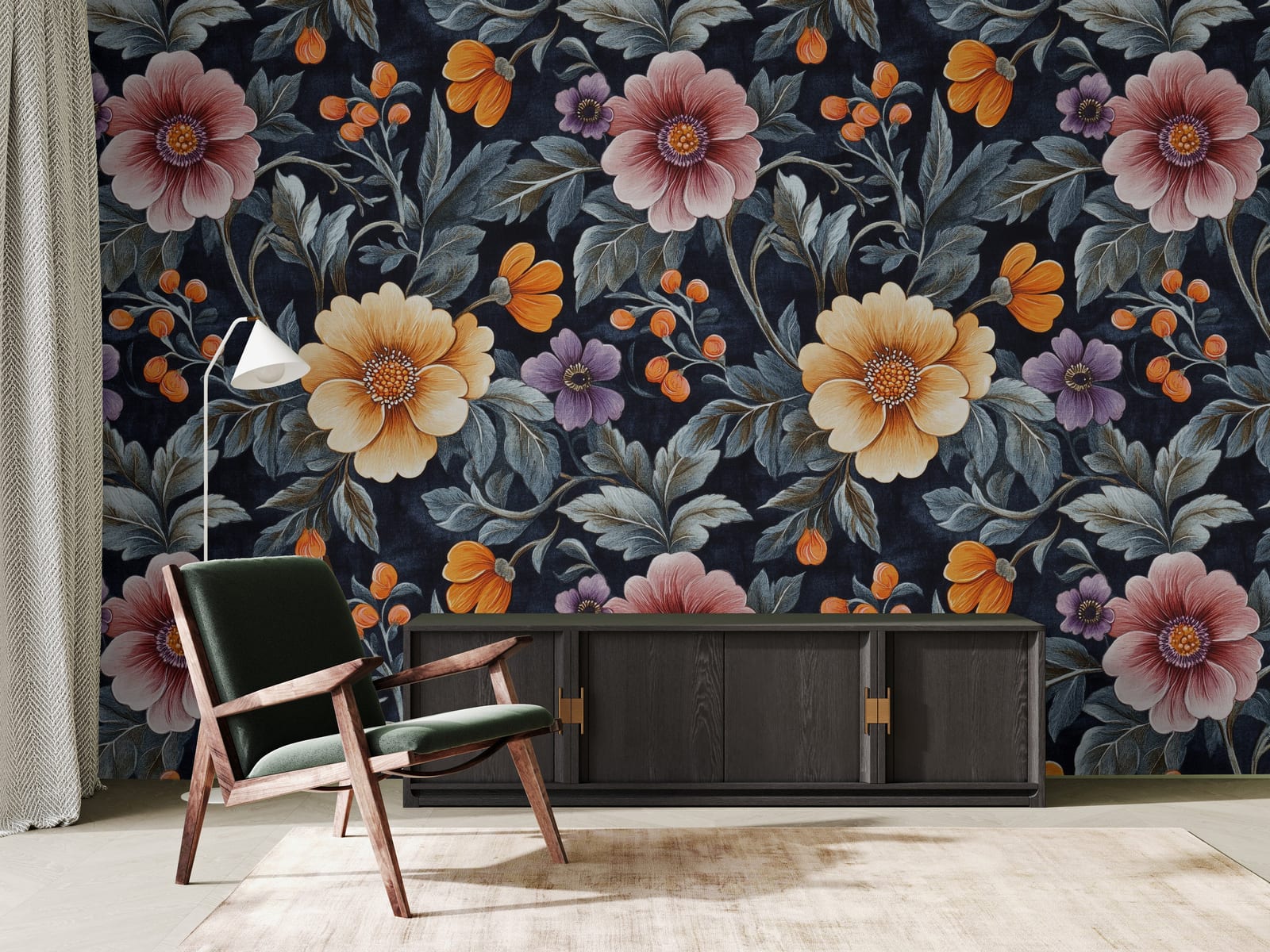Bold botanical wall mural with detailed flowers and navy tones for statement office wall
