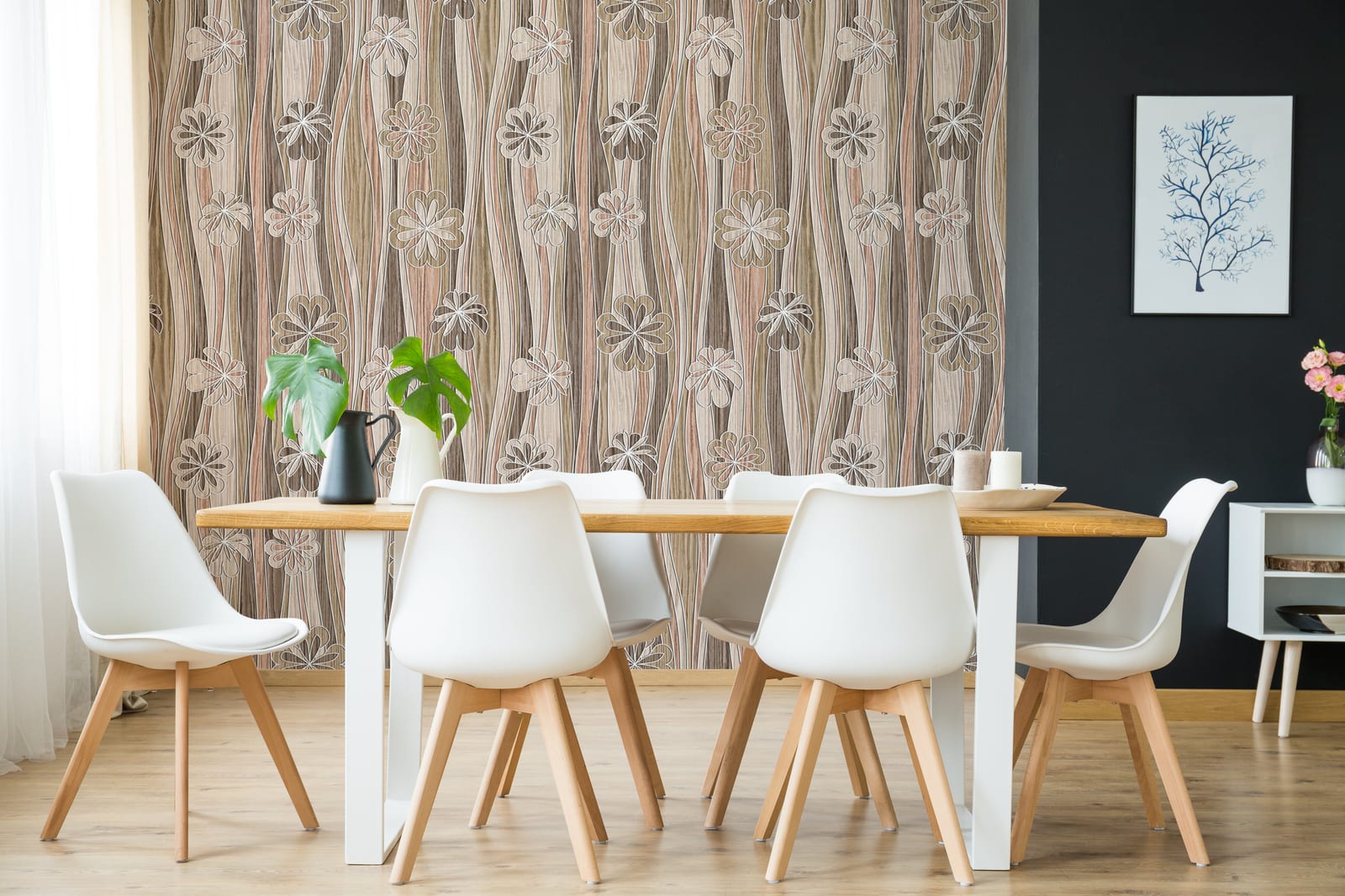 Elegant retro floral wallpaper in beige wood pattern upgrades stylish dining room walls