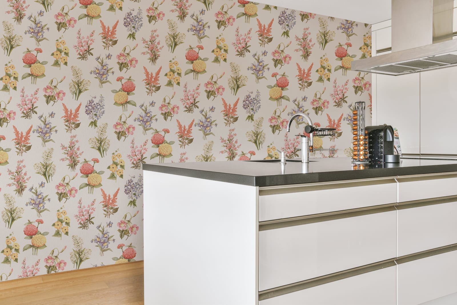 Decorative wildflower botanical wallpaper for bright kitchen interior design