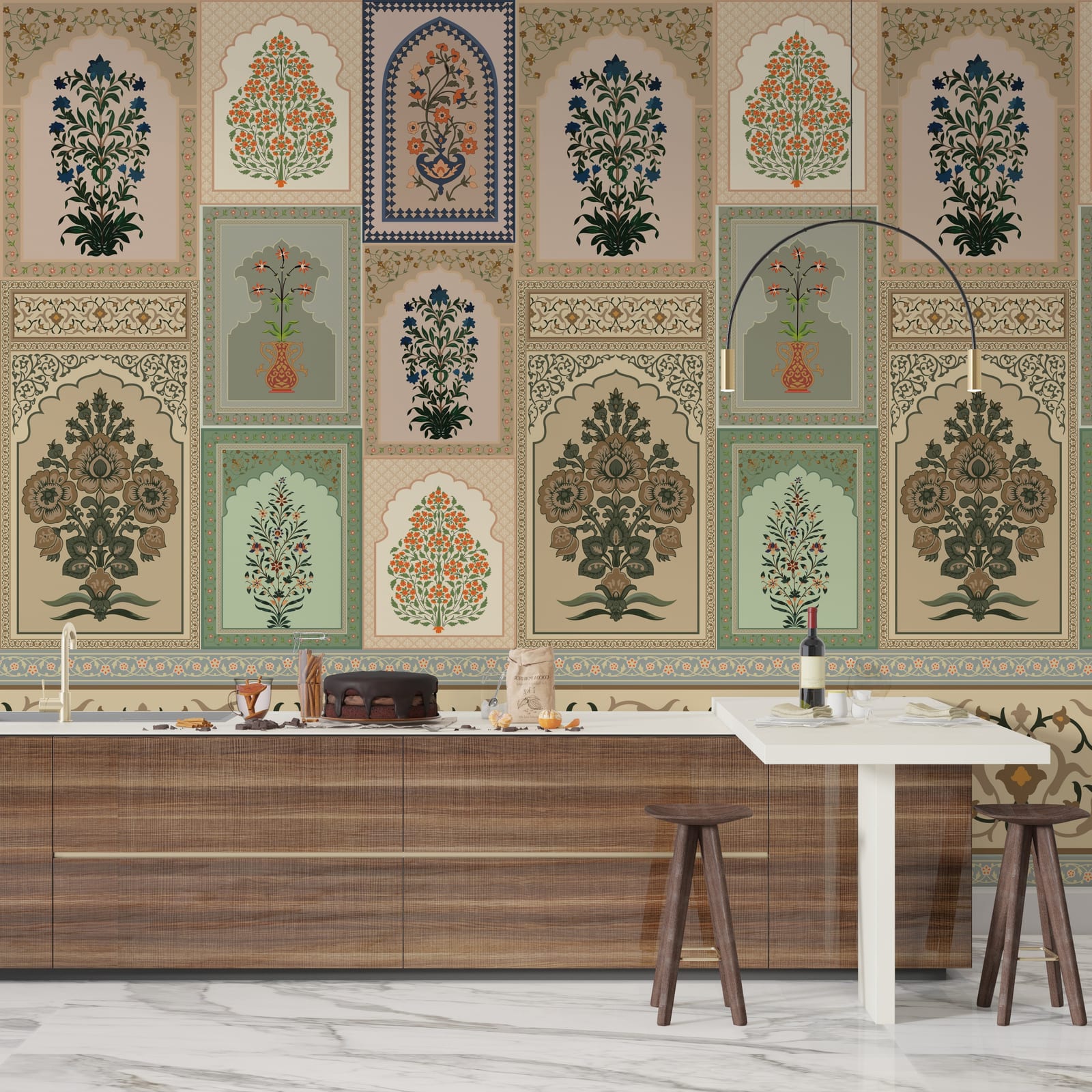 Indian ethnic mural with intricate arch frames in neutral palette dining space