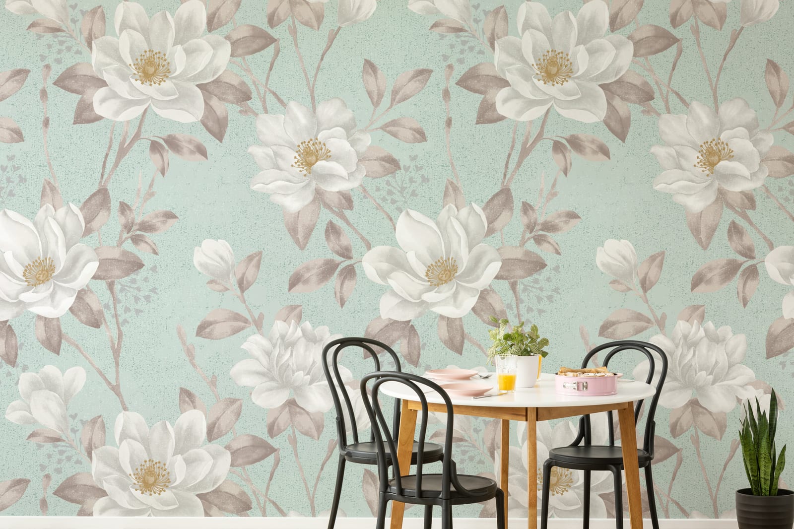 Magnolia peel and stick wallpaper with neutral tones enhancing chic dining space ambiance