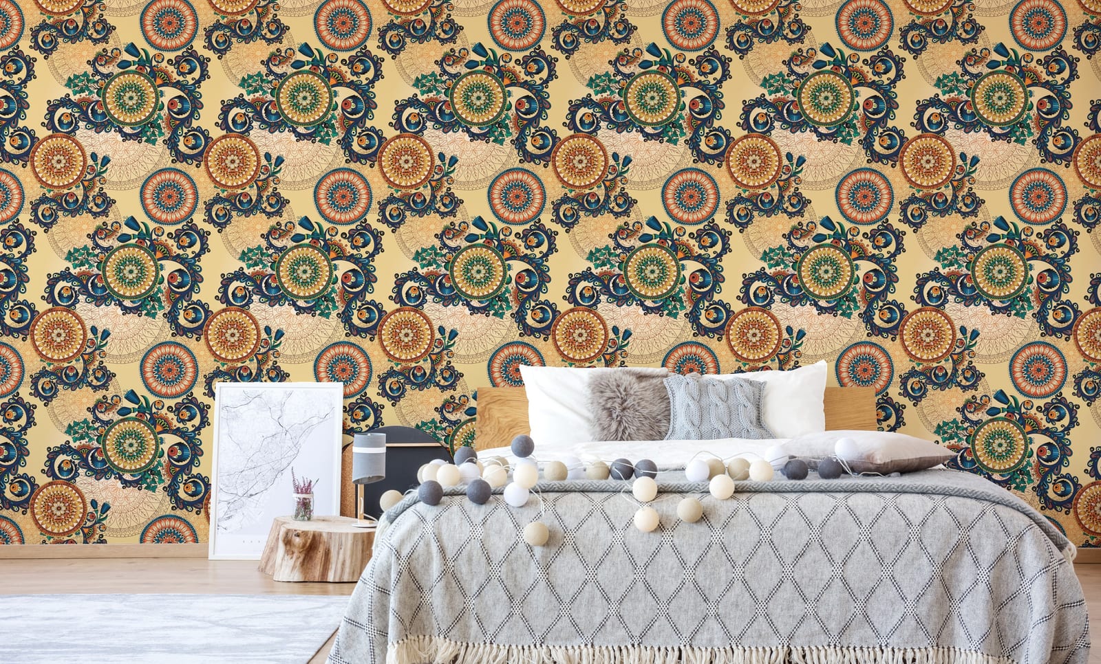 Bold bedroom decor featuring mandala wallpaper with intricate boho patterns in gold blue tones