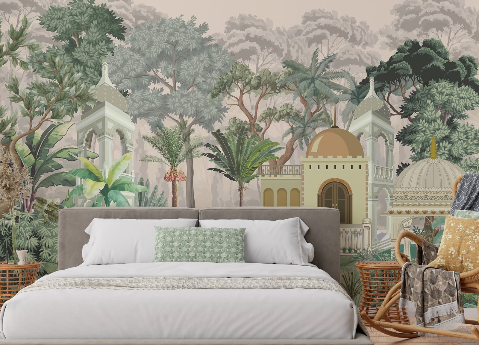 Vintage tropical garden illustration wall covering for elegant guest room