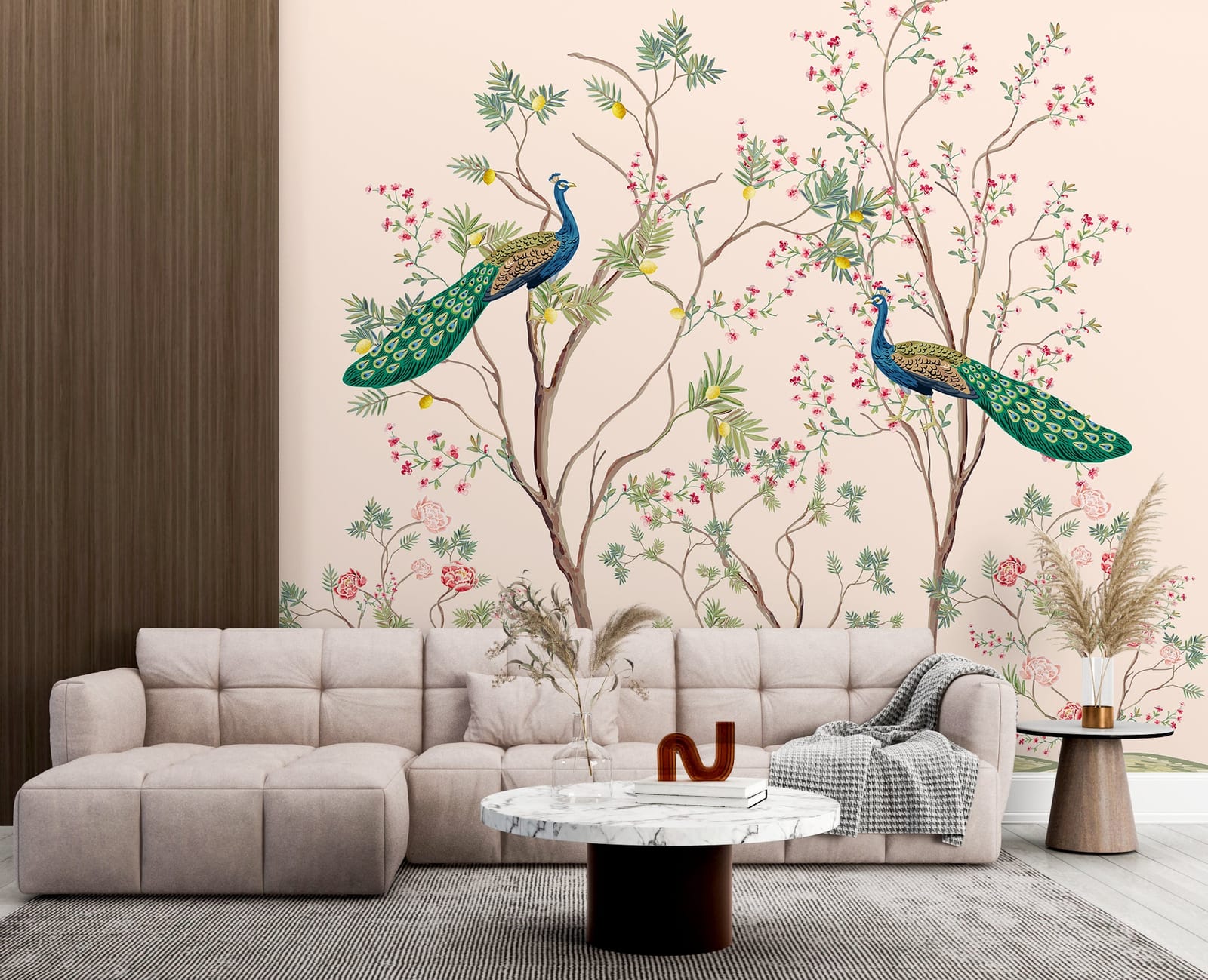 Elegant home office wall art with neutral tones, botanical branches, and striking peacock imagery