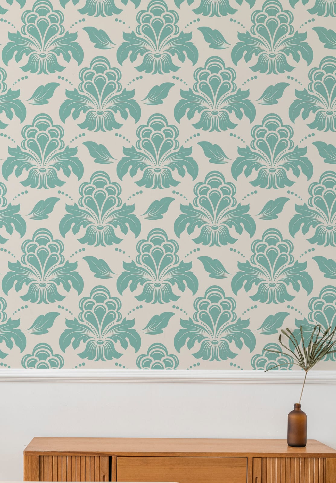 Teal damask wallpaper with floral pattern in modern living room accent wall decor