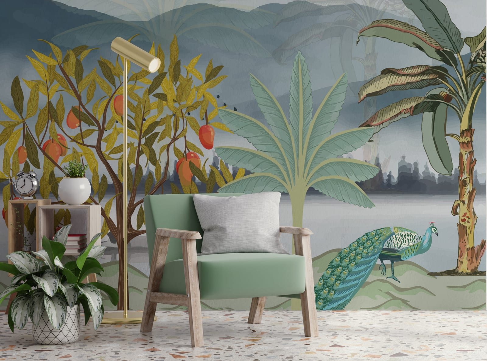 Tropical fruit tree wallpaper with green foliage and soft landscape for home decor