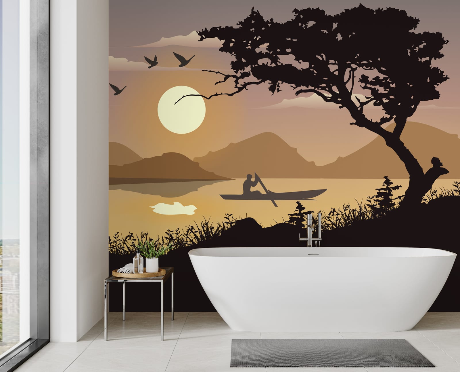 Minimal silhouette wallpaper with bold tree and boat, sunset glow colors, elegant bathroom decor