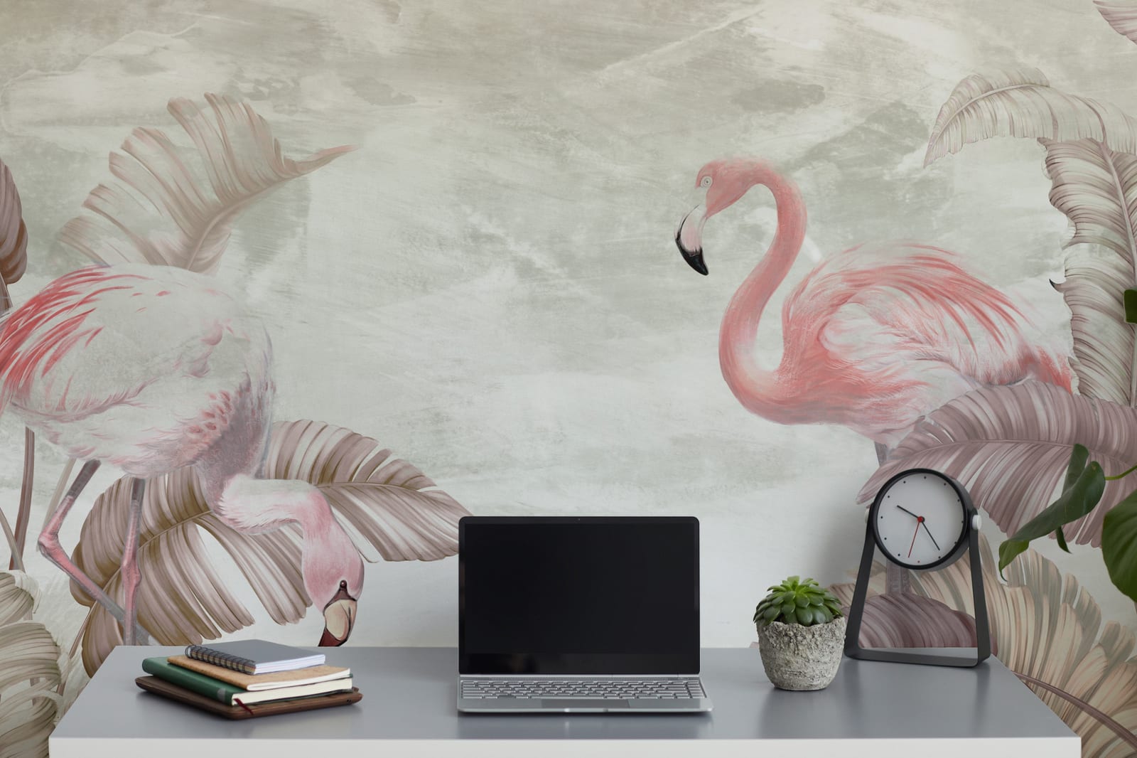 Botanical flamingo wallpaper in blush tones for stylish office or workspace walls