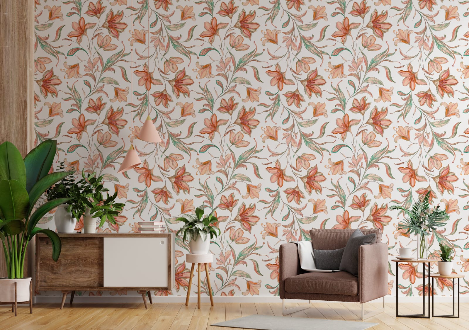 Floral Peel and Stick Wallpaper | Orange Botanical Watercolor Wallpaper
