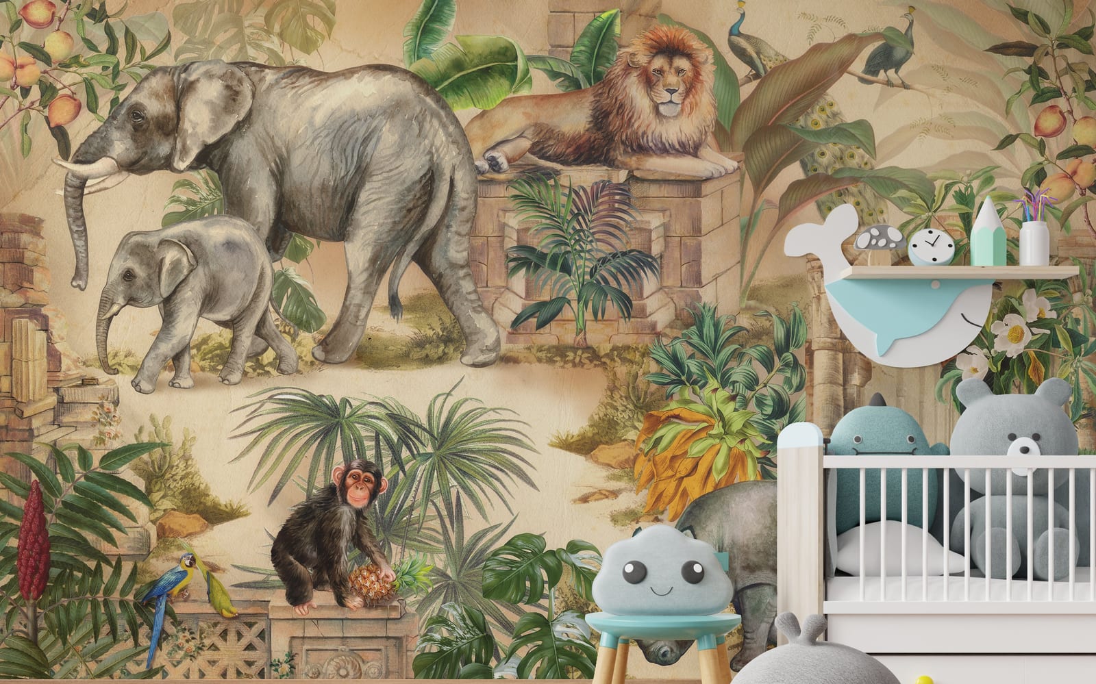 Cute toddler room wallpaper with safari animals and tropical plants in pastel earthy shades, playful decor