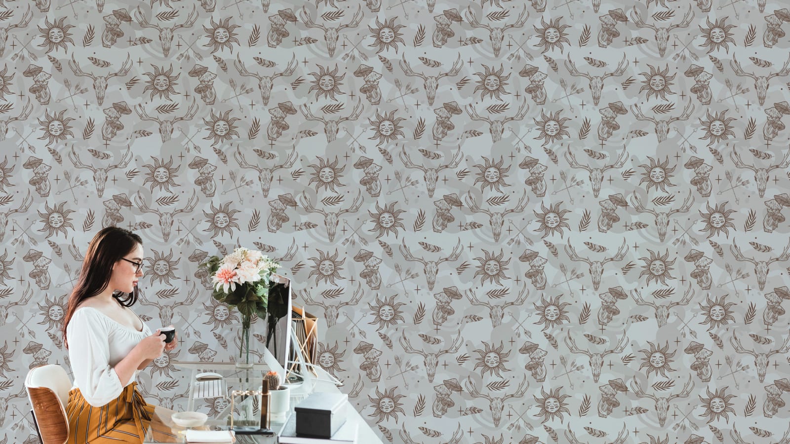 Neutral mystical wallpaper with sun moon deer pattern for modern home office decor