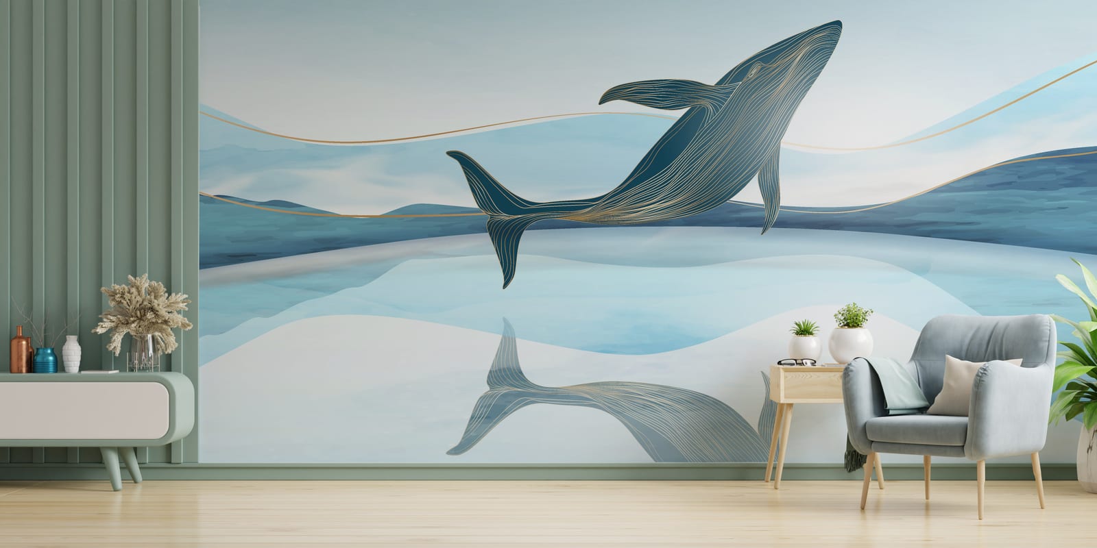 Golden-Line Whale Design | Aqua And  Navy Ocean Removable Wallpaper