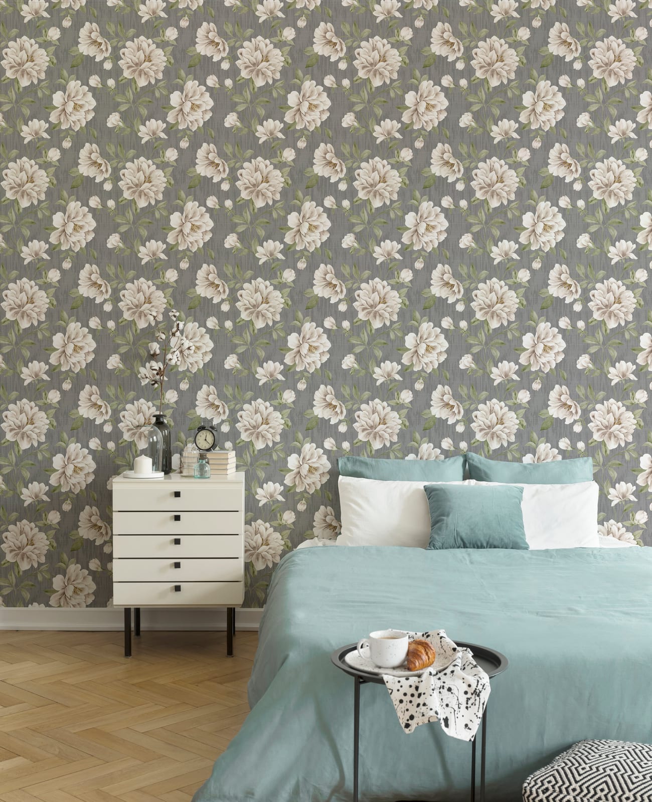 Elegant floral wall mural wallpaper with white blossom pattern on grey background for modern guest room