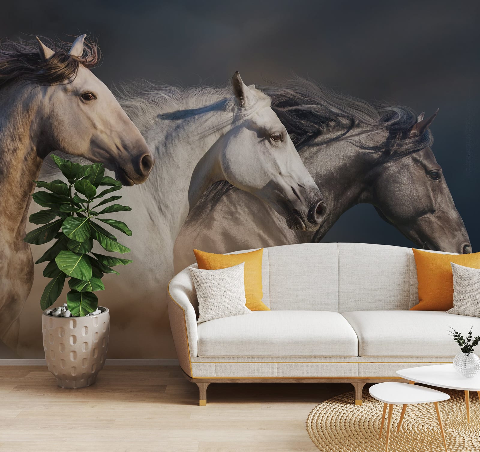 Running horse mural featuring wild stallions for rustic living room wall decor