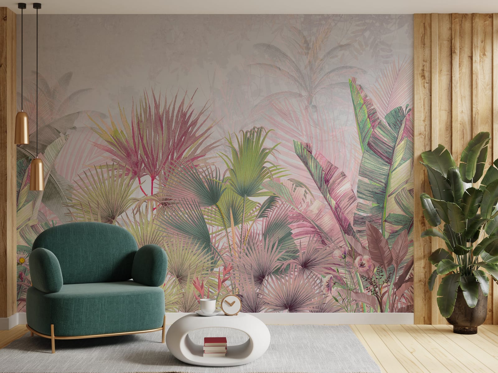 Contemporary botanical backdrop with layered greenery and warm natural tones enhancing interior walls beautifully.