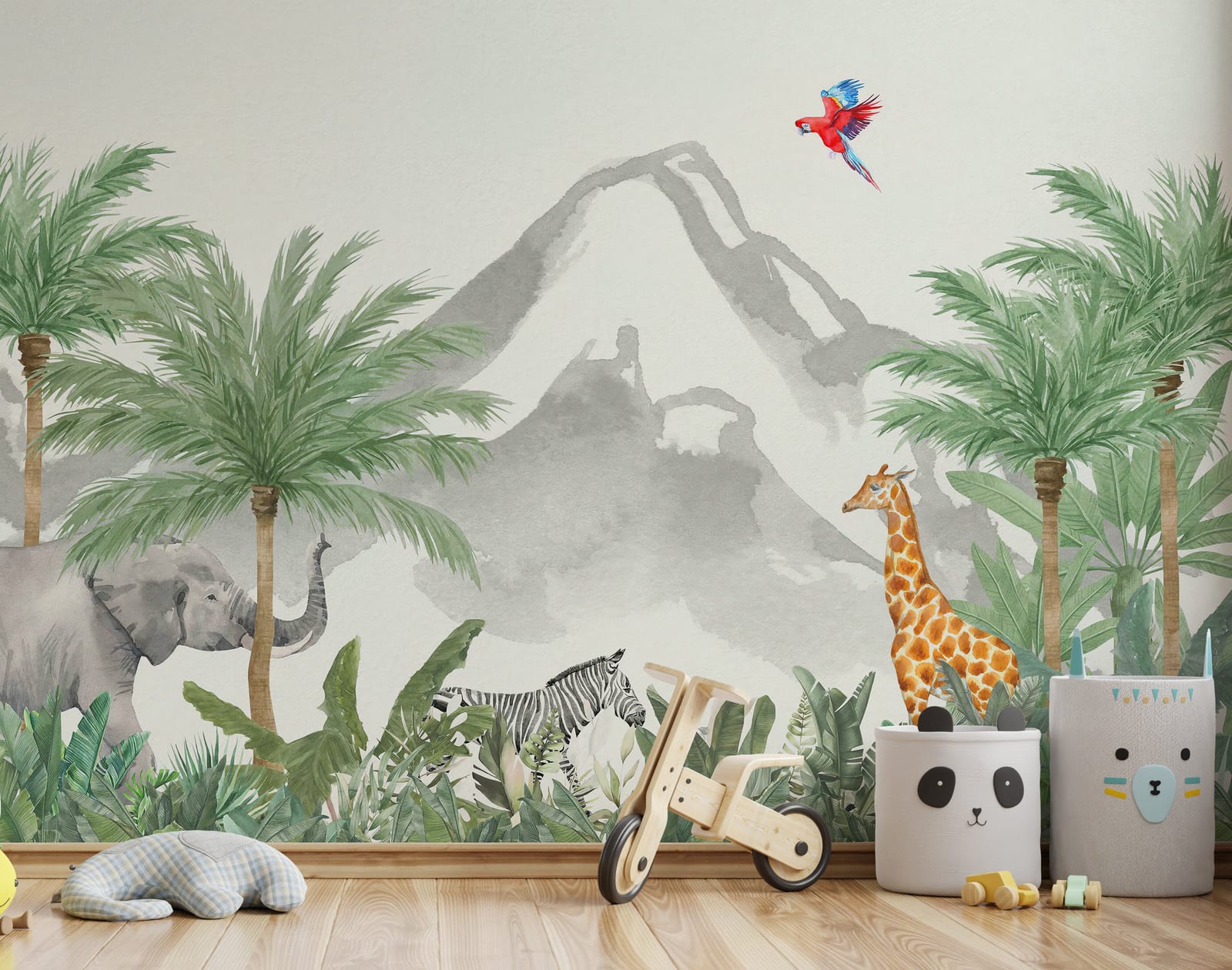 Wildlife wallpaper for children’s room highlighting vivid parrot and scenic tropical hills.