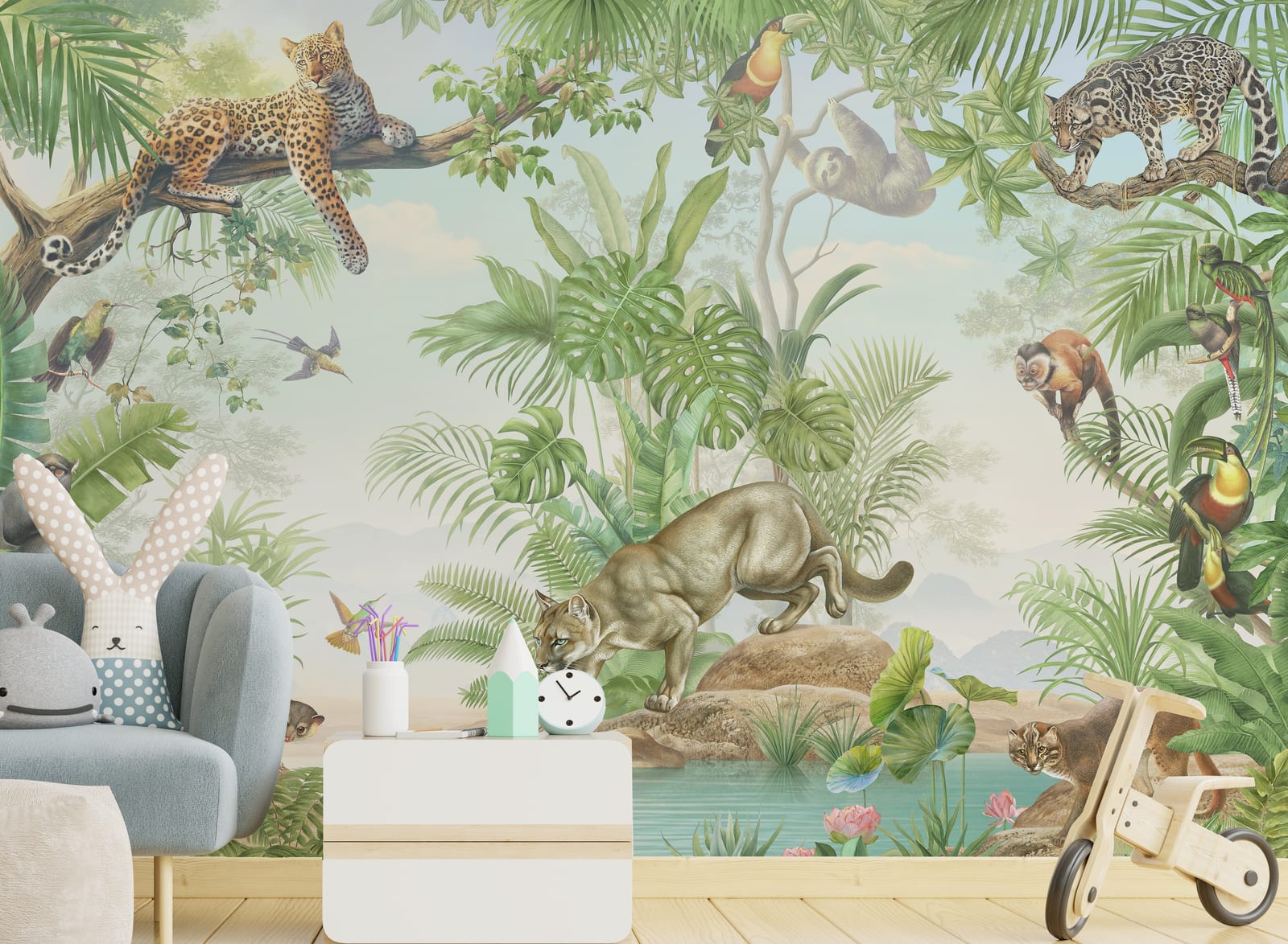 Lively bedroom wall decor featuring jungle safari animals with tropical foliage and wildlife in muted green palette, ideal for kids adventure theme
